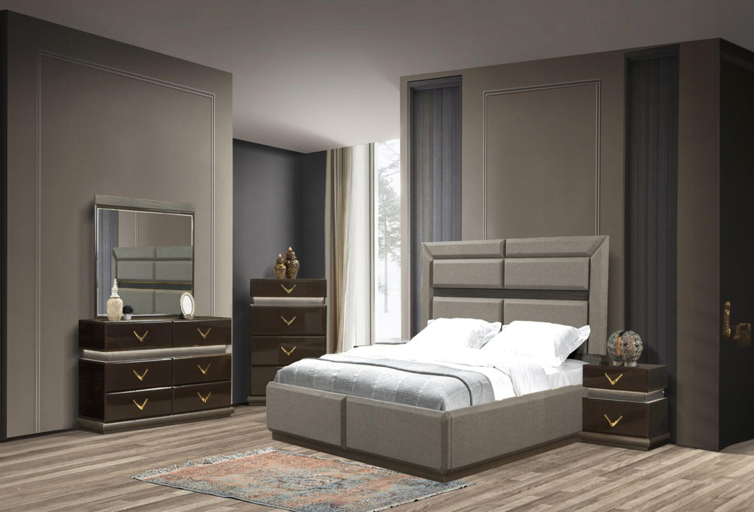 Dunhill Modern Style 5 Pc Queen Bedroom Set Made With Wood In Brown Box Spring Not Required Queen Brown Wood 5 Piece Set Bedroom Bed Included,Chest Included,Dresser Included,Mirror Included,Nightstand Included Modern Solid Wood Mdf Wood