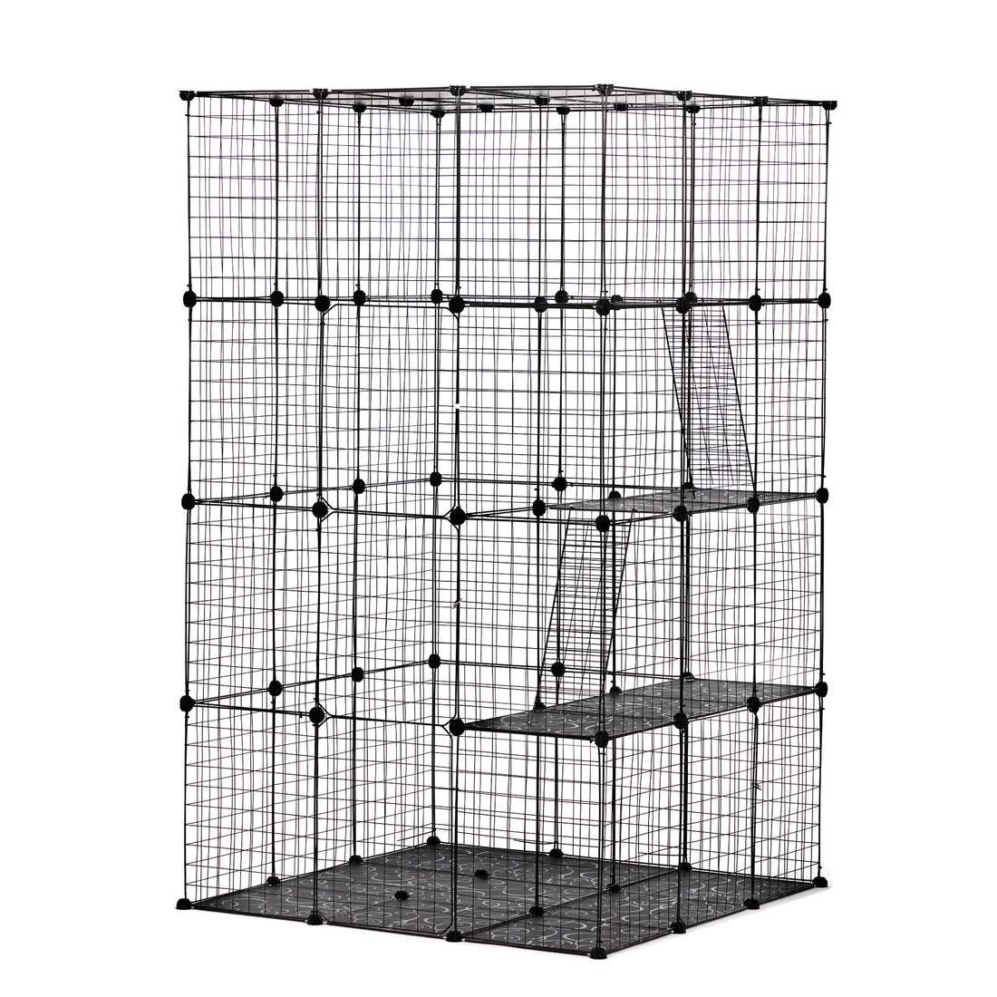 3 Tier Wire Cat Cage, Large Kennels Playpen With 3 Platforms, 3 Ramp Ladders And 4 Doors, Black Black Metal