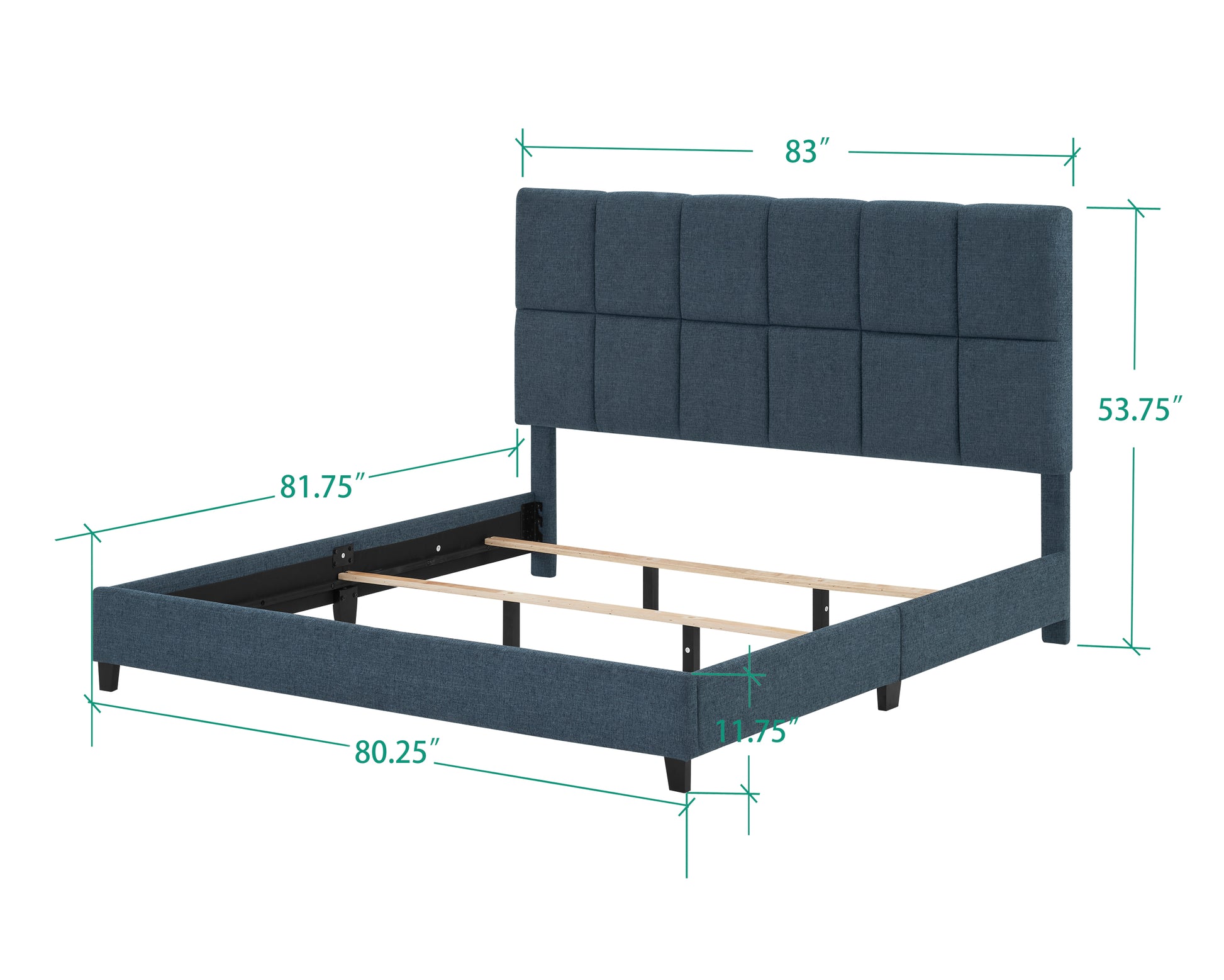 King Size Navy Blue Denim Squares Upholstered Platform Bed Box Spring Required King Blue Wood Bedroom Contemporary,Modern,Transitional Panel Polyester Fabric