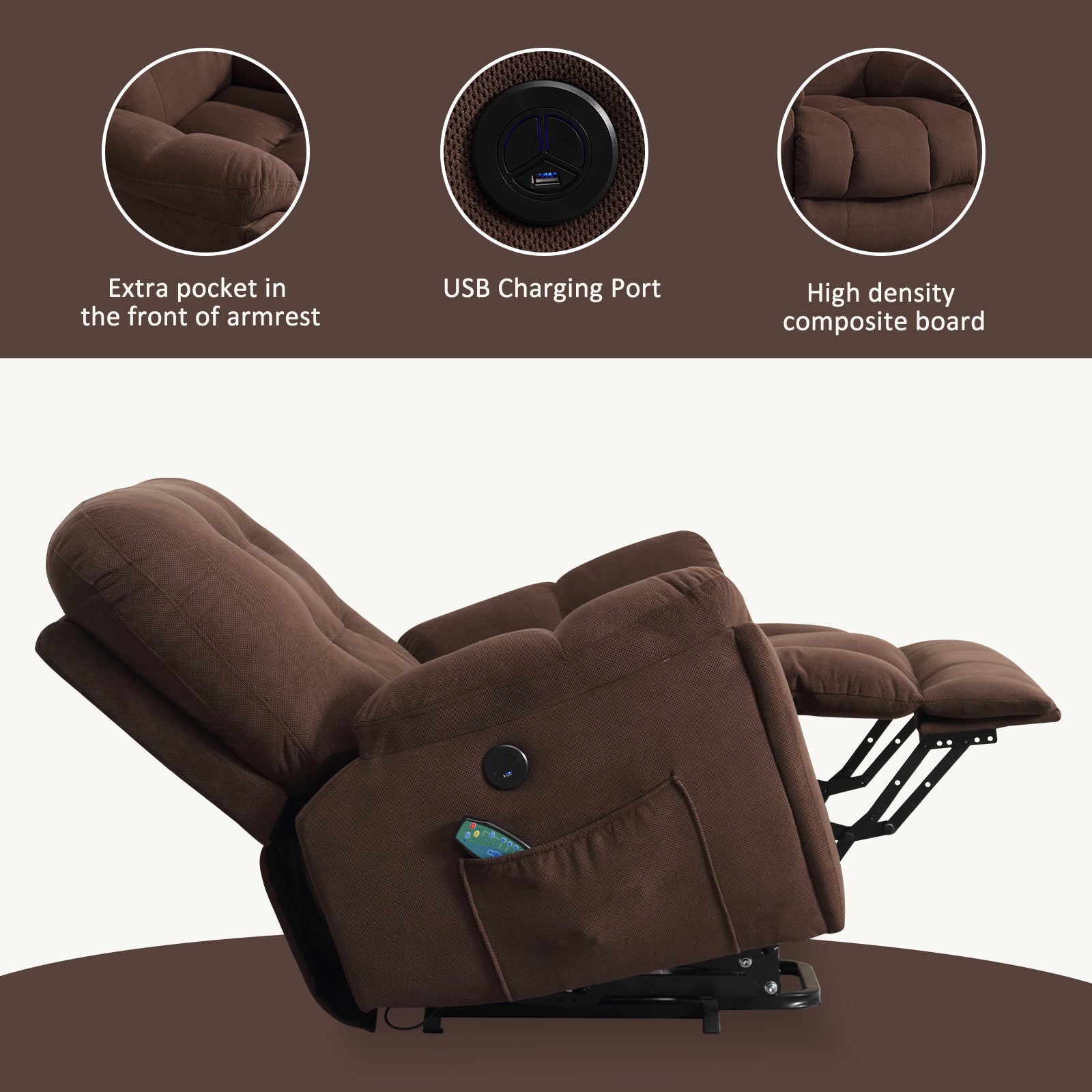 Power Lift Chair With Vibration Massage And Heating Functionrecliner Chair With Usb Charge Port And 2 Hidden Cup Holders Brownness A B C Brown Power Push Button Wood Soft Heavy Duty Cotton Wood