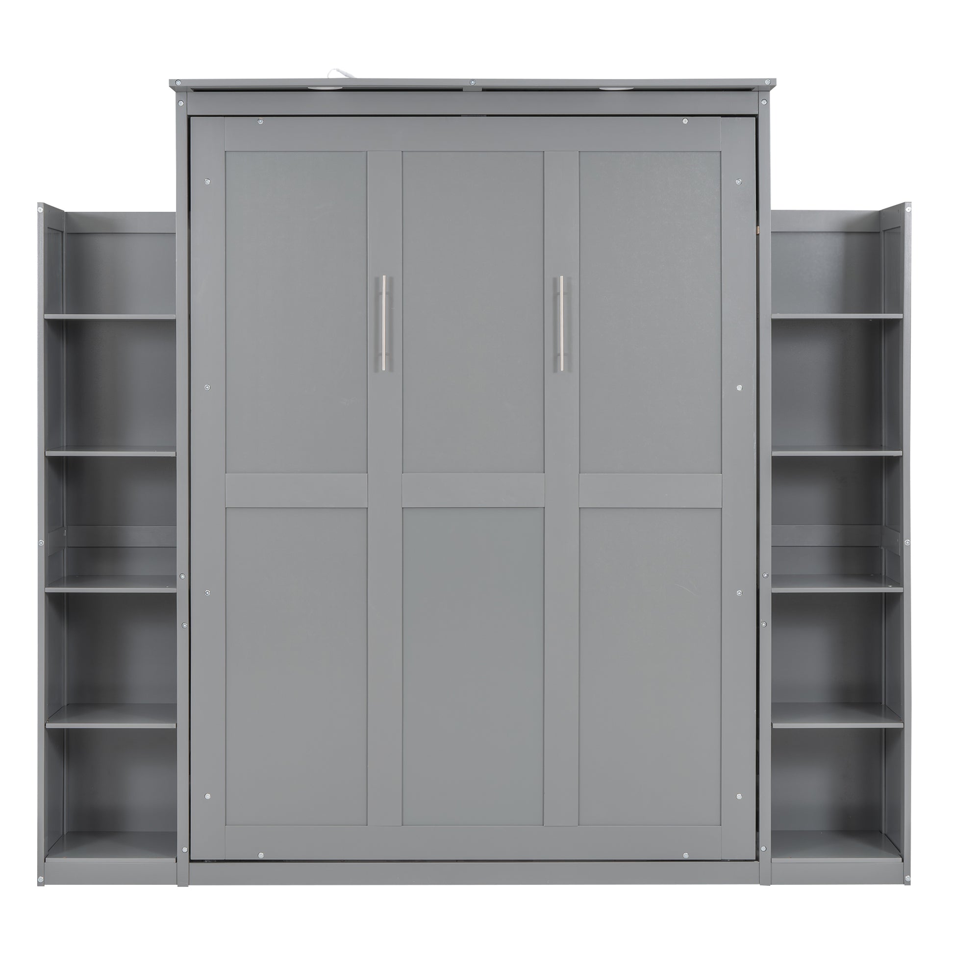 Full Size Murphy Bed Wall Bed With Shelves And Led Lights,Gray Gray Solid Wood Mdf