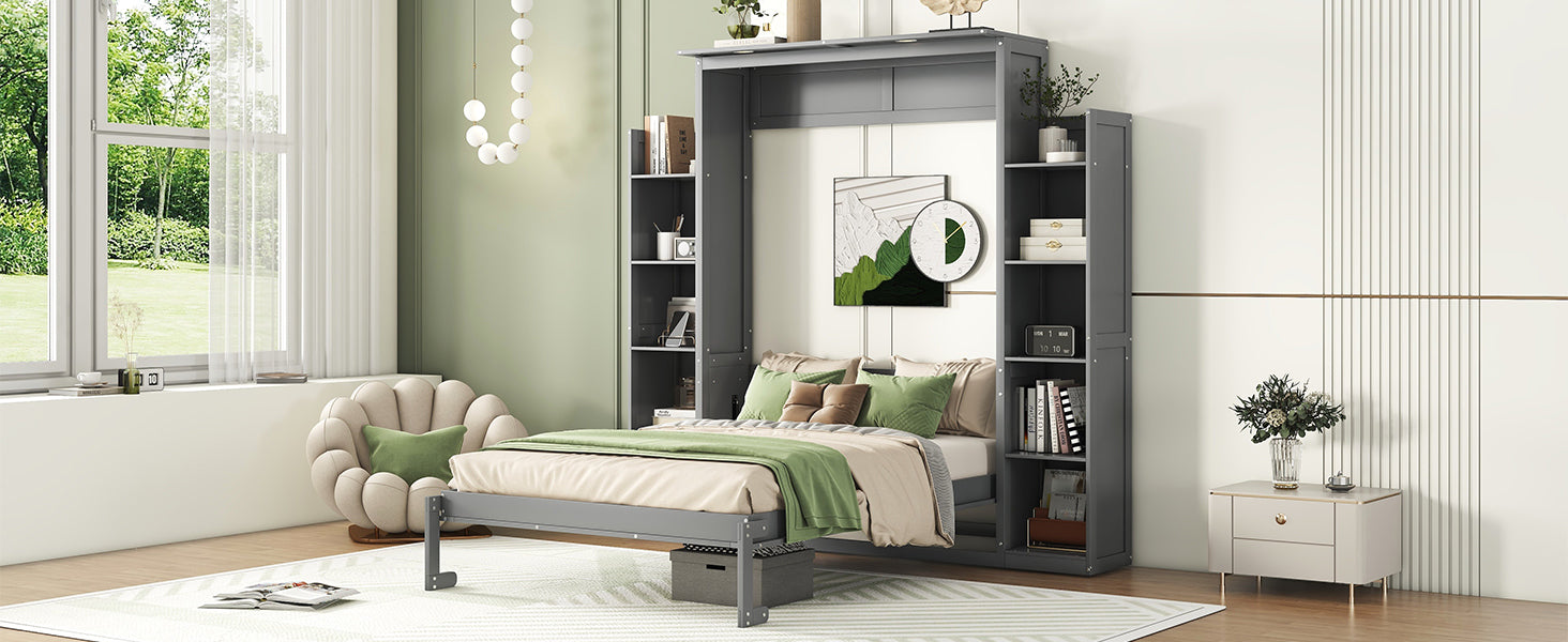 Full Size Murphy Bed Wall Bed With Shelves And Led Lights,Gray Gray Solid Wood Mdf