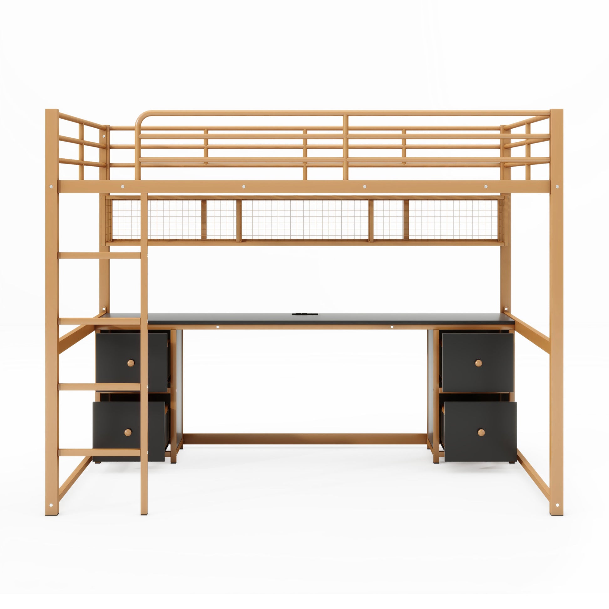 Full Size Metal Loft Bed With Desk, Drawers And Bedside Tray, Charging Station, Usb And Socket Full Gold Black Mdf Metal