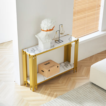 2 Tier Faux Marbling Console Table, Living Room Sofa Table, Modern Narrow Entryway Table, Hallway Entrance Table, Adjustable Feet, For Entrance, Hallway,Gold Gold Primary Living Space Rectangular Open Storage Coffee & End Tables Mdf Metal