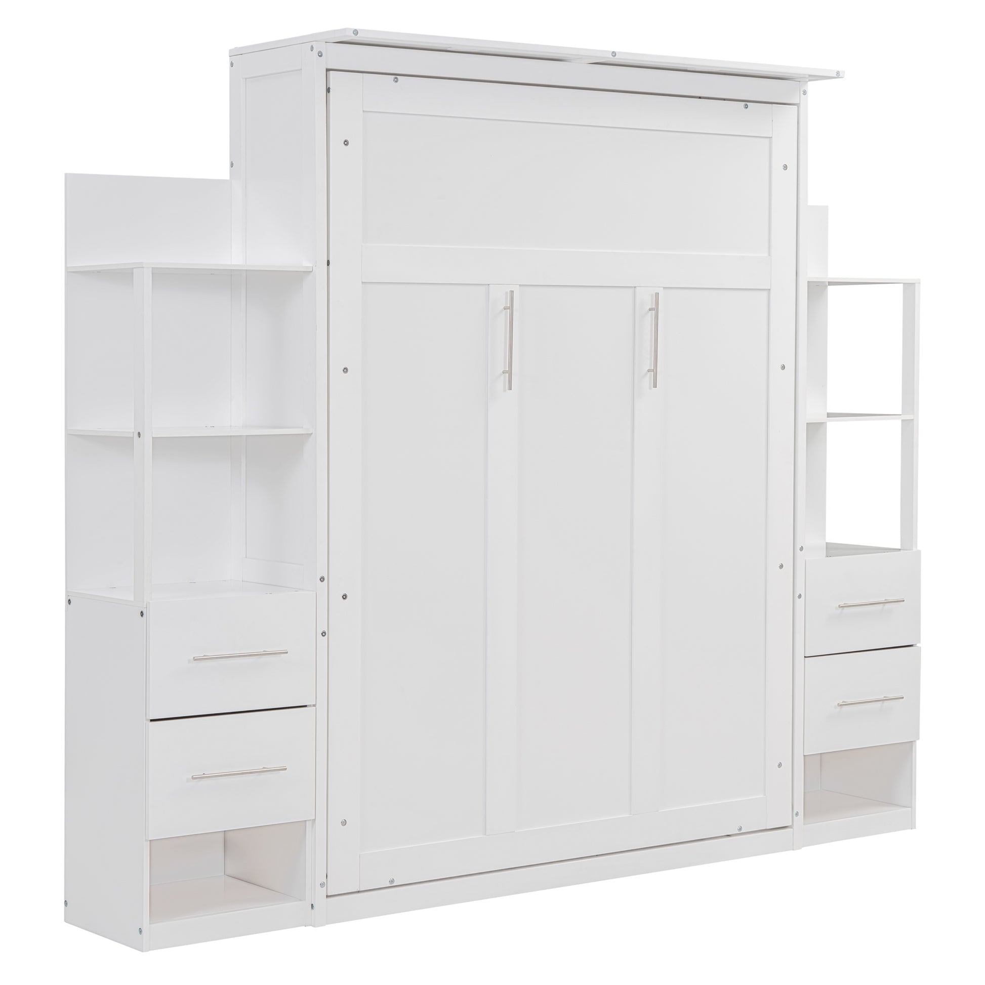 Full Size Murphy Bed Wall Bed With Shelves, Drawers And Led Lights,White White Mdf Lvl