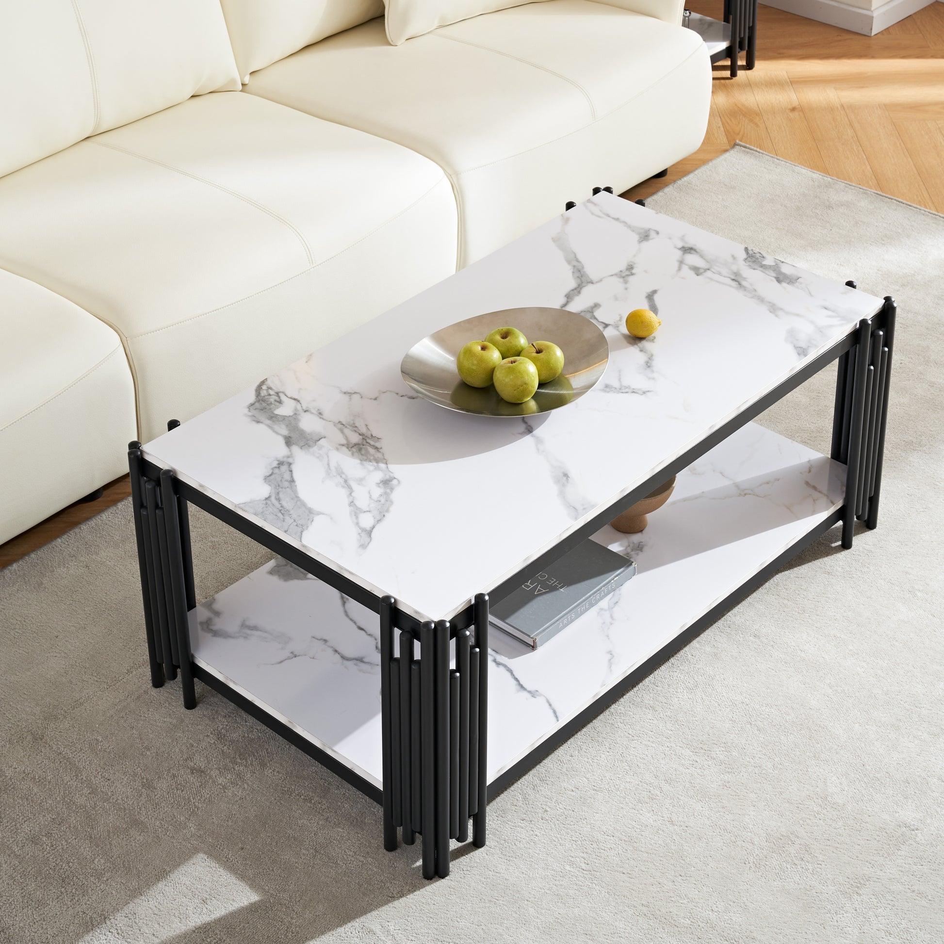 2 Tier Faux Marbling Coffee Table With Storage Shelf For Small Apartment Living Room, Modern Rectangle Wood And Stable Metal Tv Stand Side End Table, Black Black Primary Living Space Rectangular Open Storage Coffee & End Tables Mdf Metal