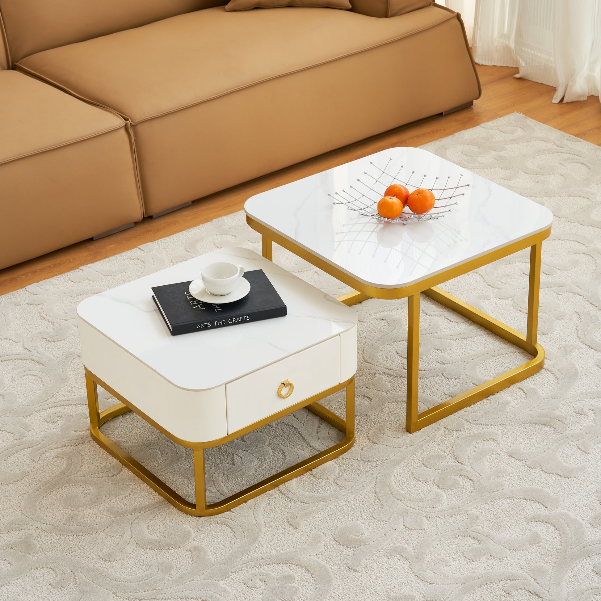 Modern Marble Nesting Table, Coffee Table Set Of 2 End Table For Living Room,Stacking Side Tables, For Living Room Bedroom, Accent Tea Table With Metal Frame, Sturdy And Easy Assembly, Gold Gold Sintered Stone