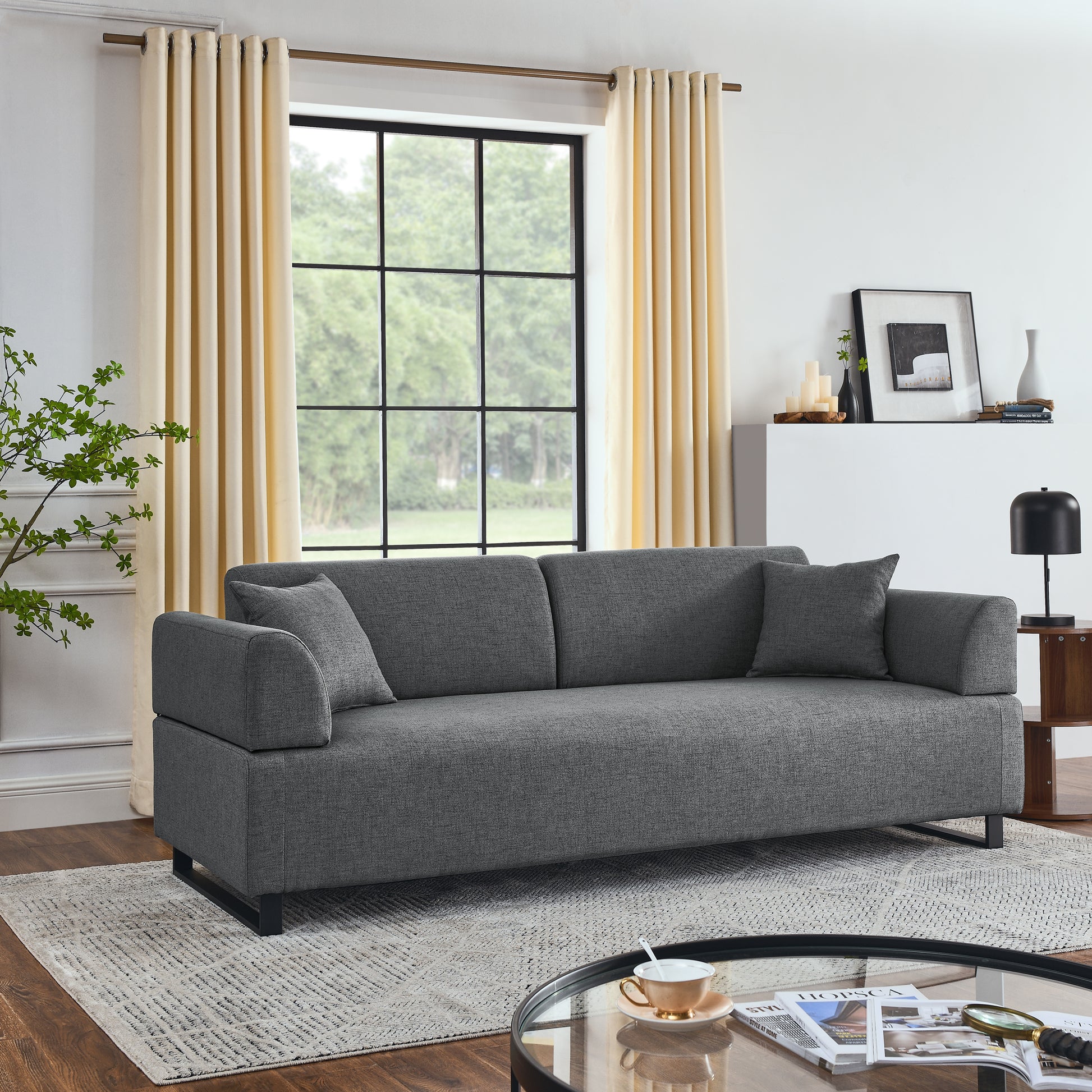 Linen Fabric 3 Seat Sofa With Two End Tables And Two Pillows, Removable Back And Armrest, Morden Style Upholstered 3 Seat Couch For Living Room Grey Linen Wood Medium Soft Loose Back Eucalyptus Square Arms Foam 3 Seat