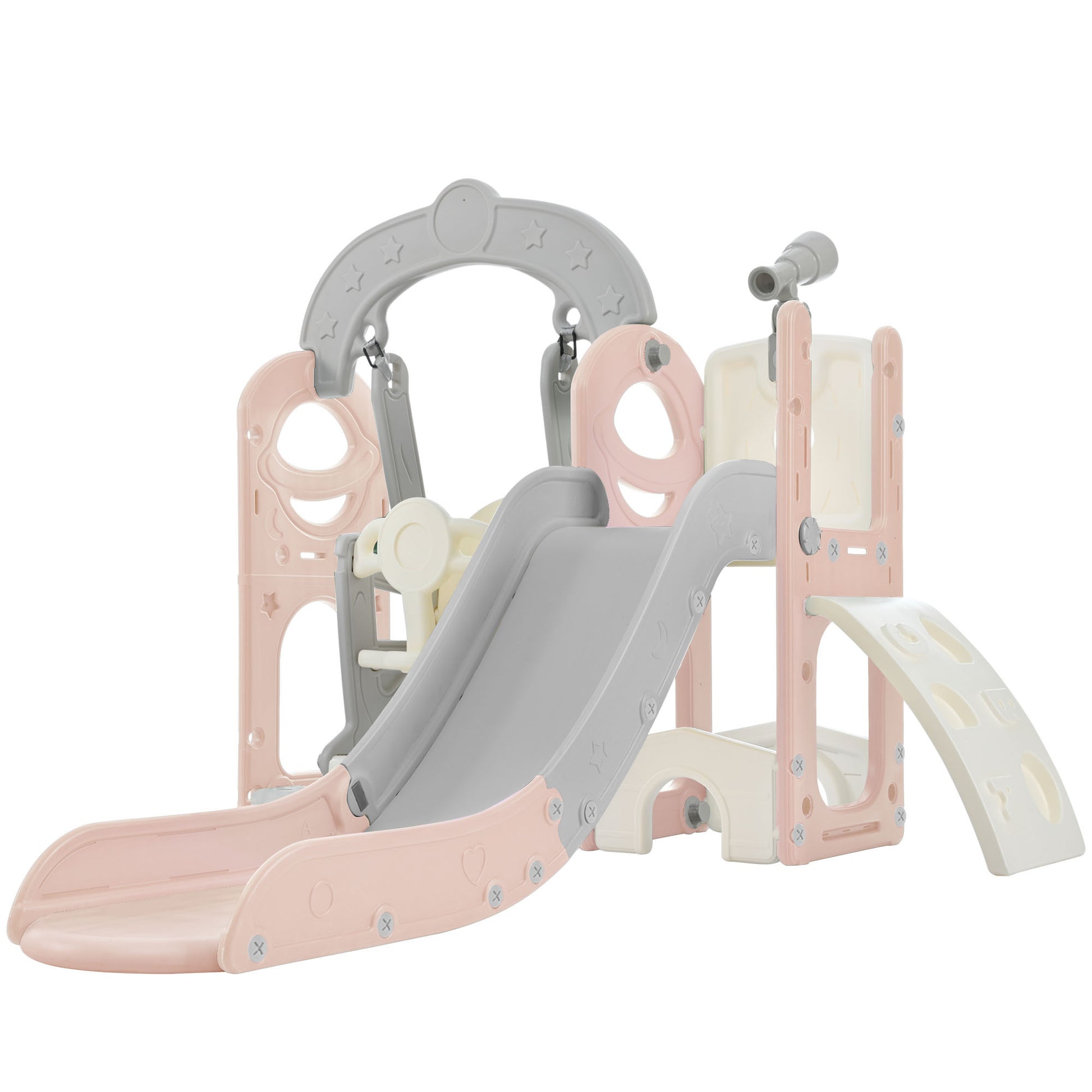 Toddler Slide And Swing Set 5 In 1, Kids Playground Climber Slide Playset With Telescope, Freestanding Combination For Babies Indoor & Outdoor Pink Grey Hdpe