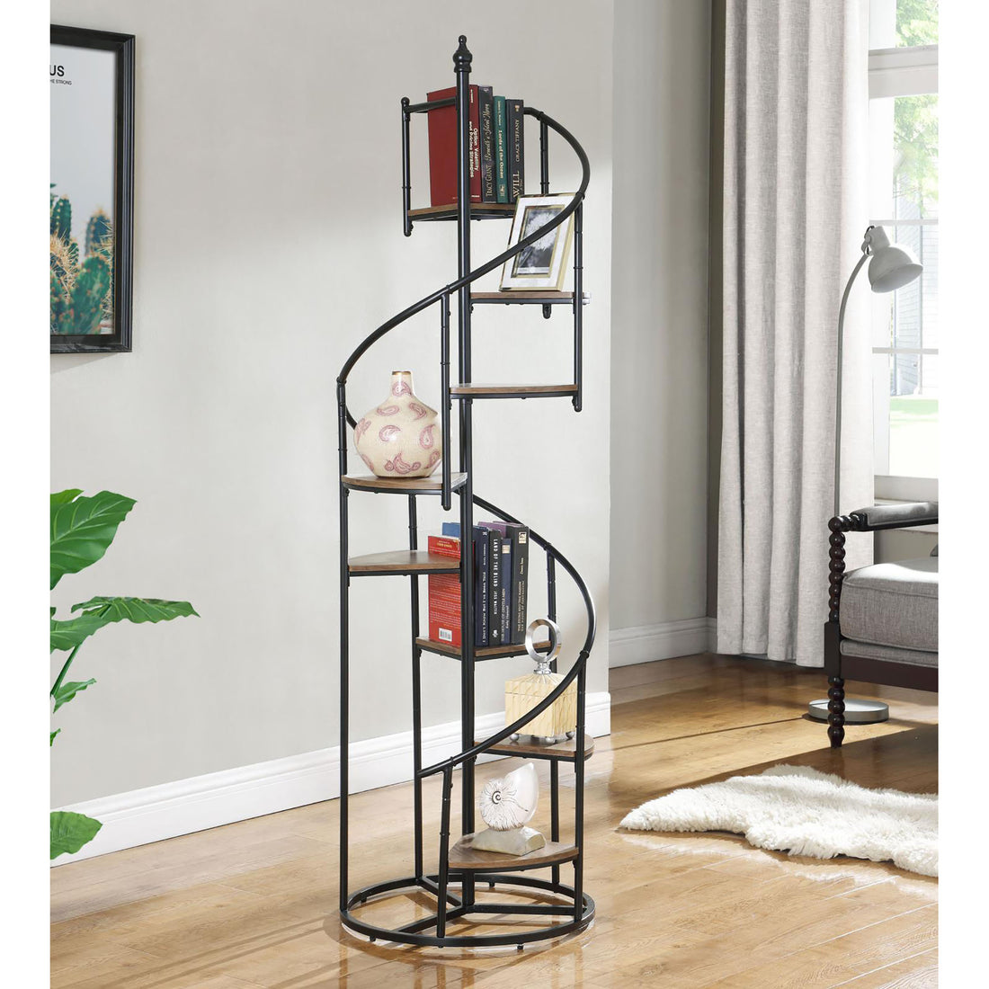 Rustic Brown And Black 8 Shelf Staircase Bookcase 8 Or More Brown Ladder Horizontal Office Open Back Wood Farmhouse,Rustic Metal