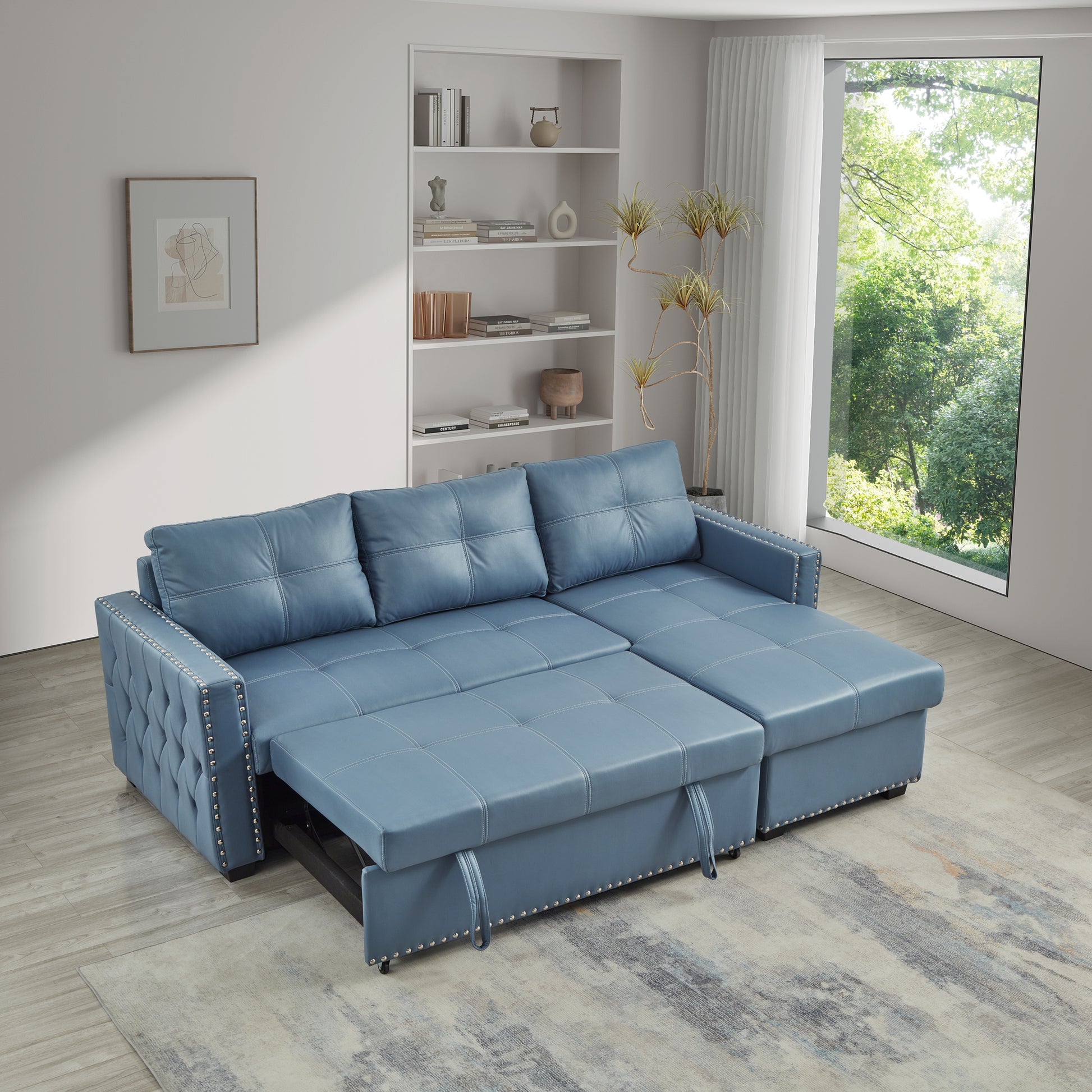 88" Convertible Pull Out Sofa Bed With Storage Chaise Sofa Bed Microfiber Fabric Upholstery Blue Blue Microfiber