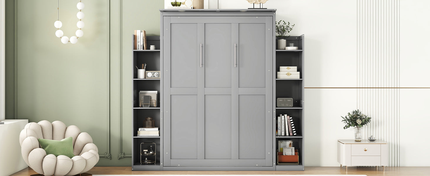 Full Size Murphy Bed Wall Bed With Shelves And Led Lights,Gray Gray Solid Wood Mdf