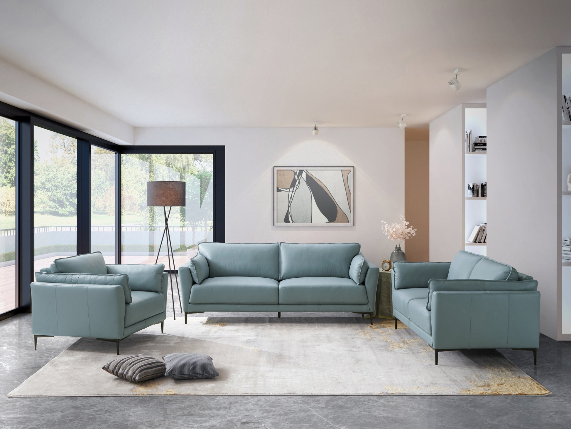 Mesut Sofa, Light Blue Top Grain Leather & Black Finish Lv02387 Light Blue Leather