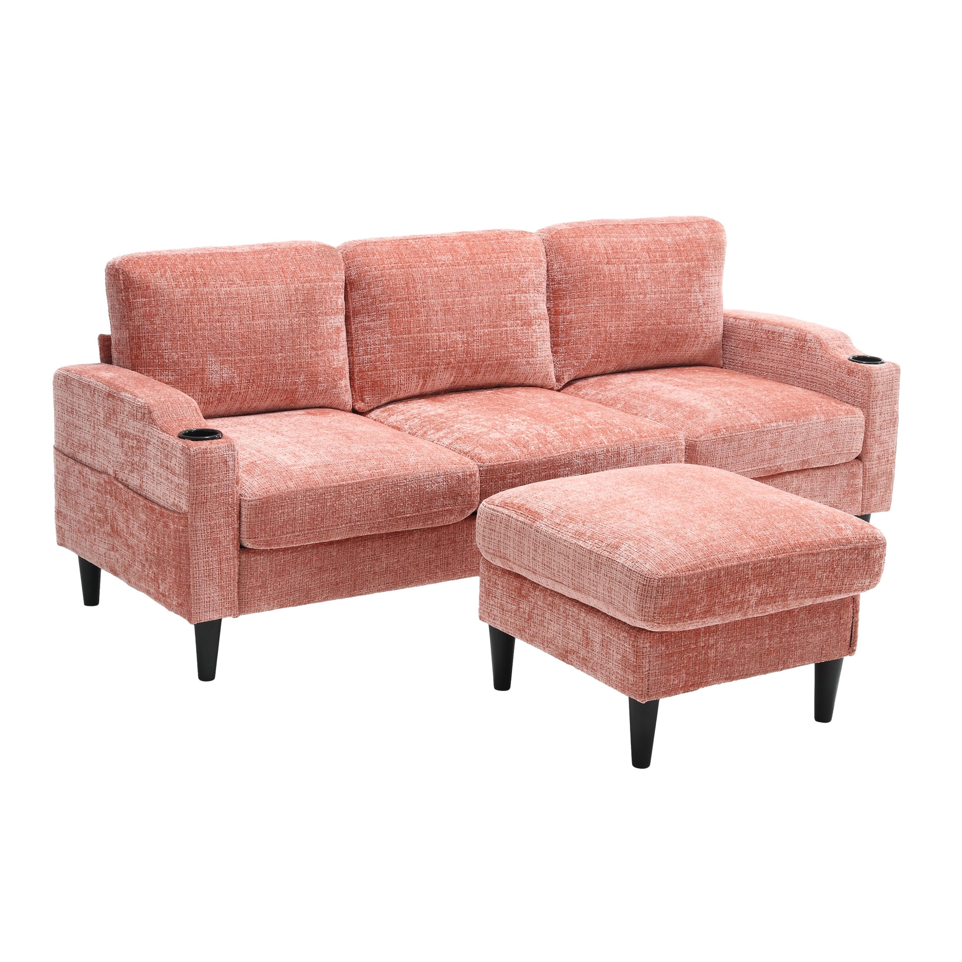 United We Win Sofa For Three, Solid Wood Frame, Chenille Fabric, Side Pocket, With Two Cup Holders, Footstool With Storagestorage Sofa Living Room Sofa Cozy Sectional Sofa Pink Chenille 3 Seat