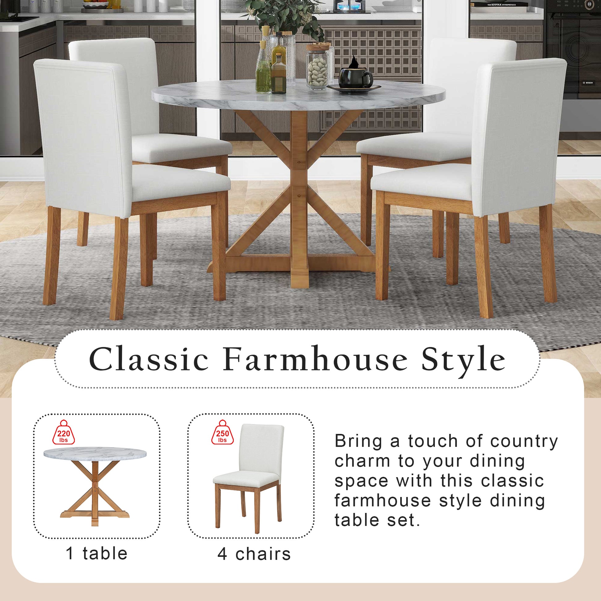 5 Piece Farmhouse Style Dining Table Set, Marble Sticker And Cross Bracket Pedestal Dining Table, And 4 Upholstered Chairs White Walnut Upholstered Chair Wood White Walnut Seats 4 Wood Dining Room Antique,Classic,Farmhouse Pedestal Round Dining Table