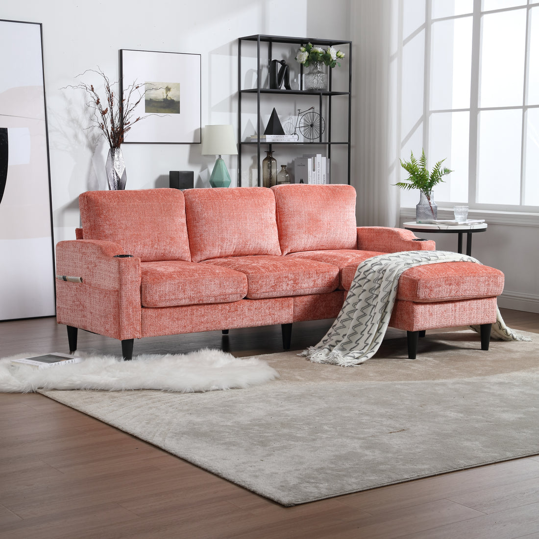 United We Win Sofa For Three, Solid Wood Frame, Chenille Fabric, Side Pocket, With Two Cup Holders, Footstool With Storagestorage Sofa Living Room Sofa Cozy Sectional Sofa Pink Chenille 3 Seat