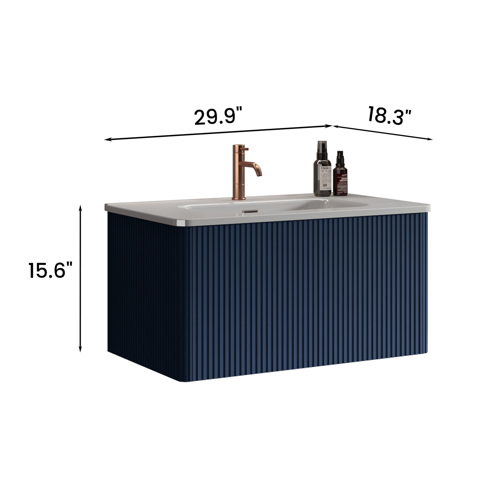 U050 Etna30W 307 Etna 30" Striped Navy Blue Skin Touch Film Bathroom Vanity With White Ceramic Sink, Wall Mounted Floating Bathroom Vanity For Modern Bathroom, Without Drain And Faucet, Pre Assembled White Navy Melamine