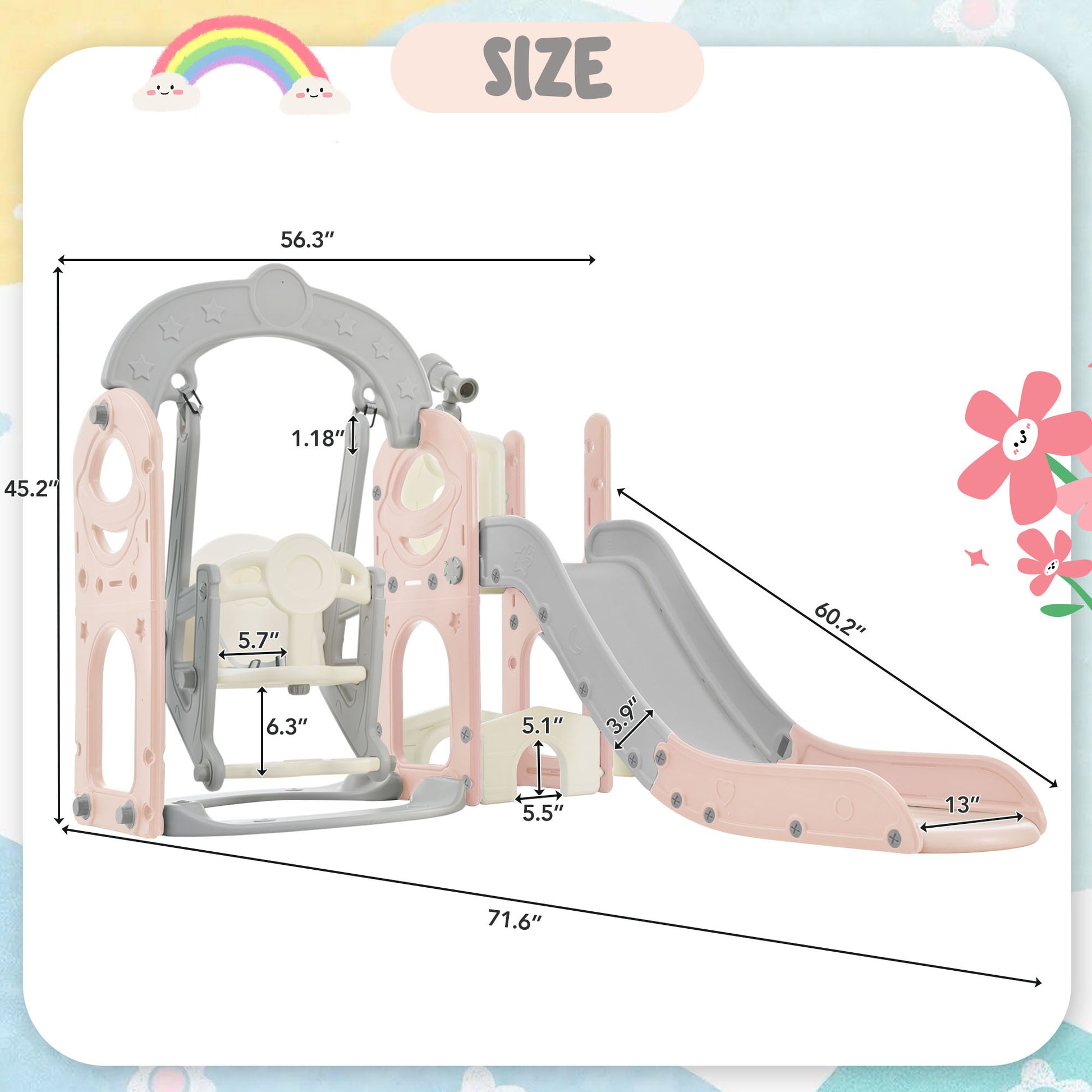 Toddler Slide And Swing Set 5 In 1, Kids Playground Climber Slide Playset With Telescope, Freestanding Combination For Babies Indoor & Outdoor Pink Grey Hdpe