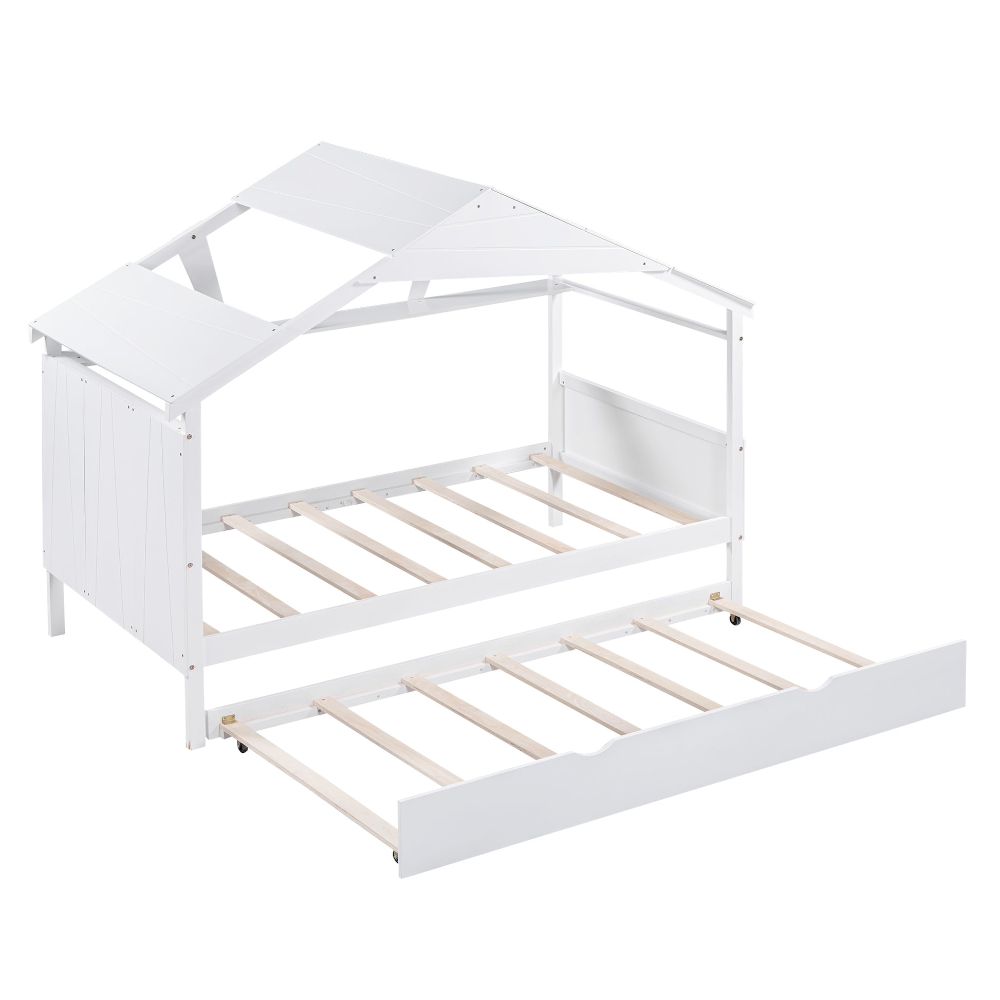 Wood Twin Size House Bed With Trundle And Storage, White Box Spring Not Required Twin White Wood Bedroom Bed Frame Solid Wood Mdf