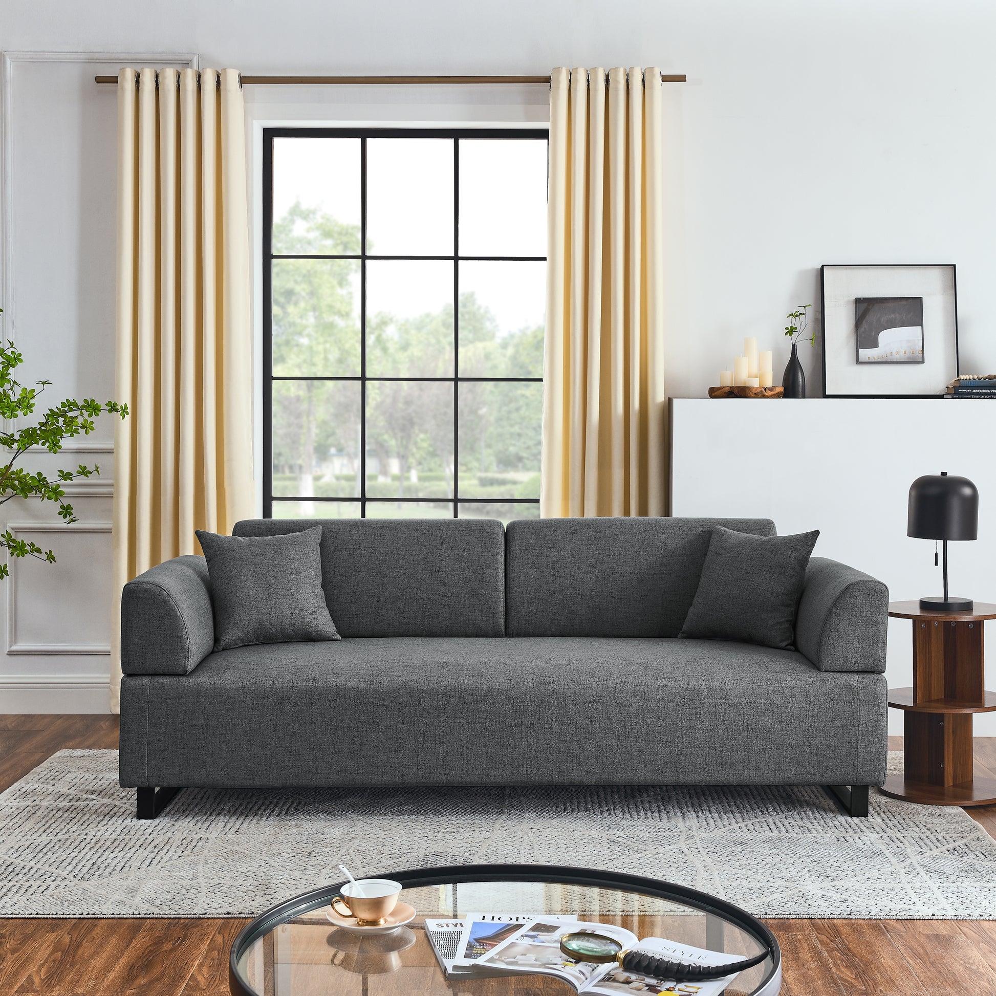 Linen Fabric 3 Seat Sofa With Two End Tables And Two Pillows, Removable Back And Armrest, Morden Style Upholstered 3 Seat Couch For Living Room Grey Linen Wood Medium Soft Loose Back Eucalyptus Square Arms Foam 3 Seat