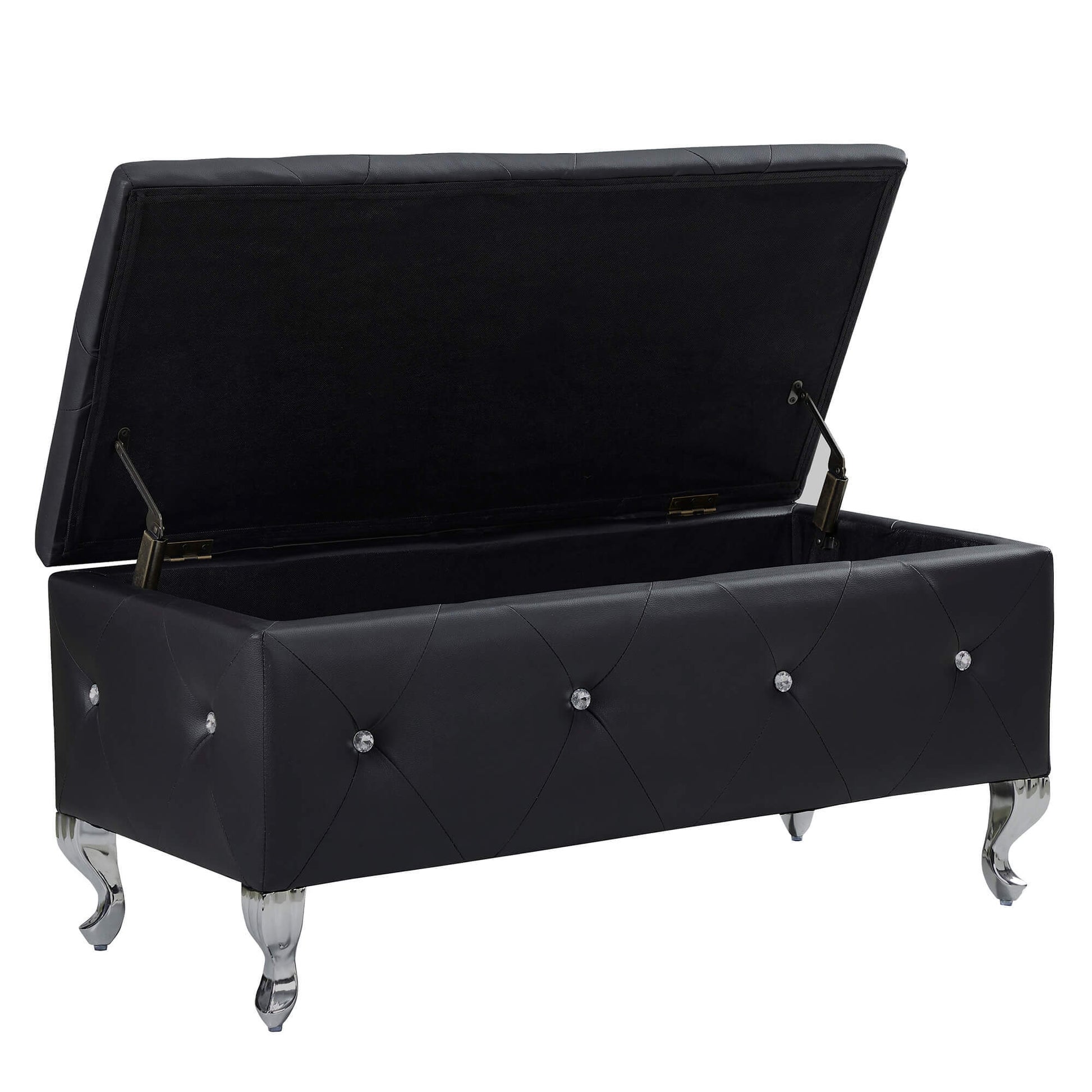 Upholstered Storage Ottoman Bench For Bedroom End Of Bed Faux Leather Rectangular Storage Benches Footrest With Crystal Buttons For Living Room Entryway Black Cushioned White Bedroom Black Pine Wood Black Vanity Stools Faux Leather Solid American