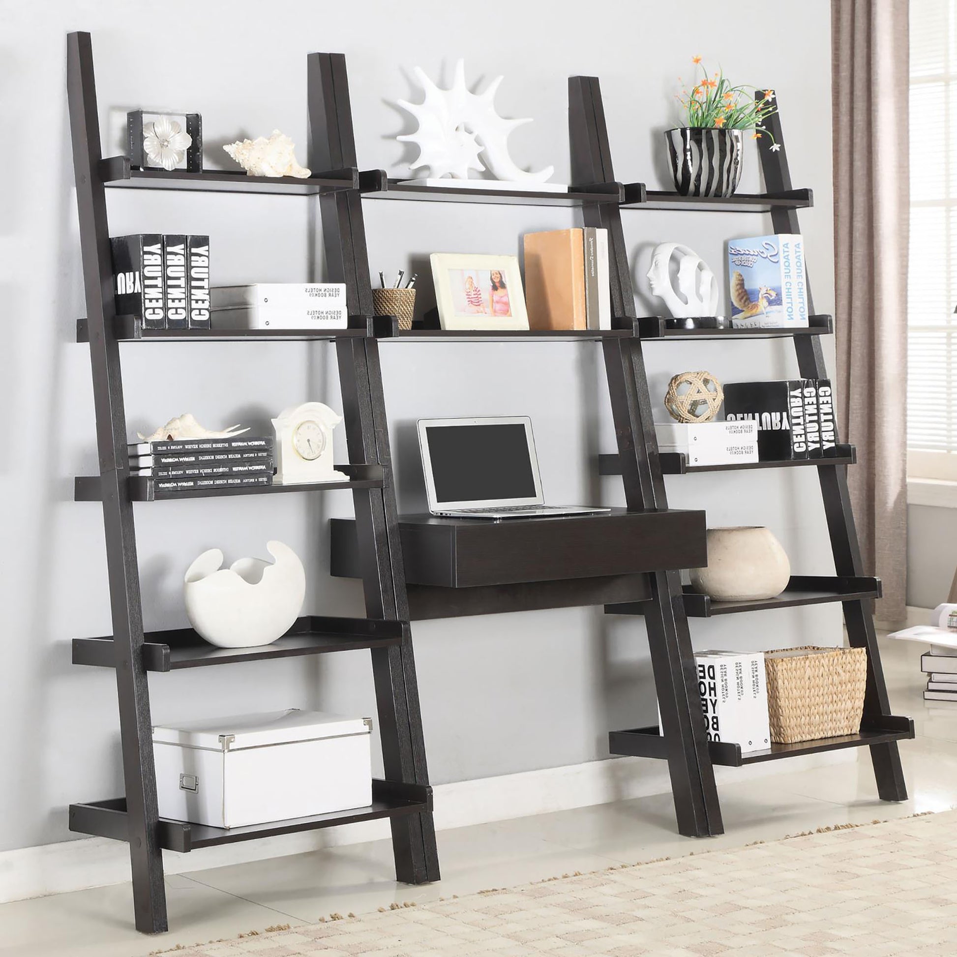 Cappuccino Ladder 5 Shelf Bookcase 5 Brown Ladder Horizontal Office Open Back Wood Contemporary,Modern Wood