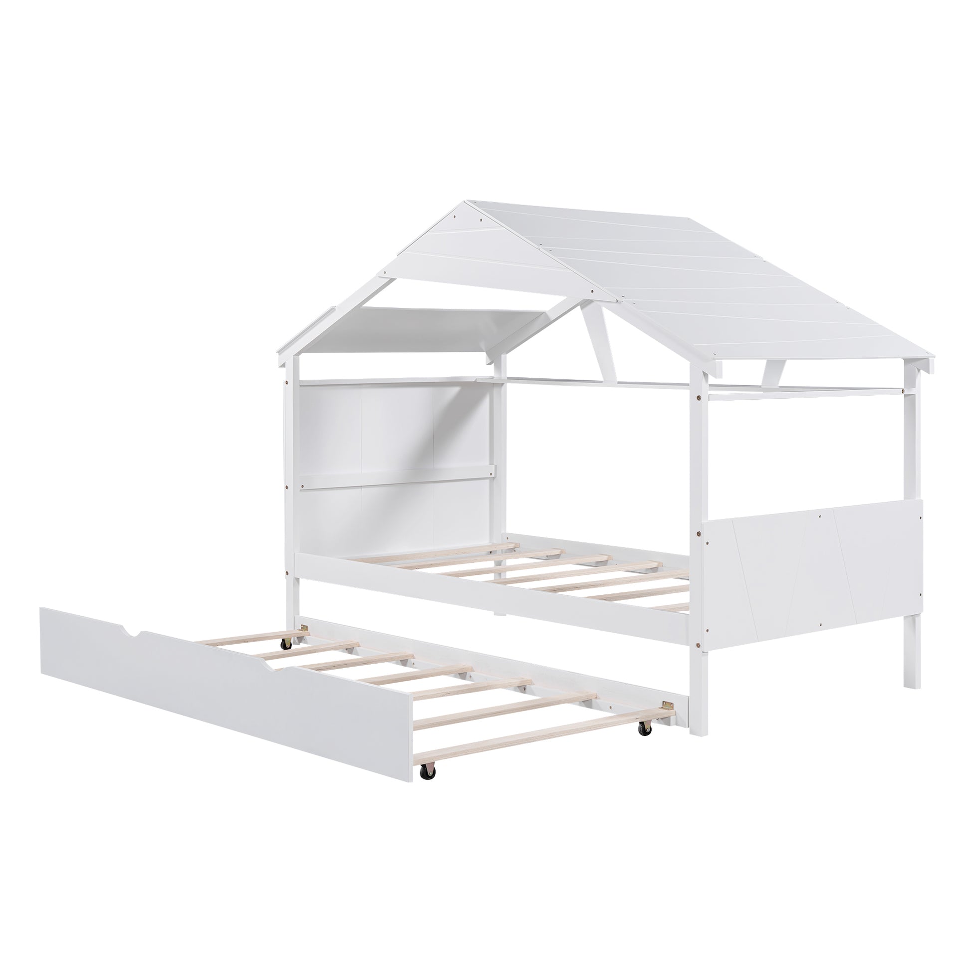 Wood Twin Size House Bed With Trundle And Storage, White Box Spring Not Required Twin White Wood Bedroom Bed Frame Solid Wood Mdf