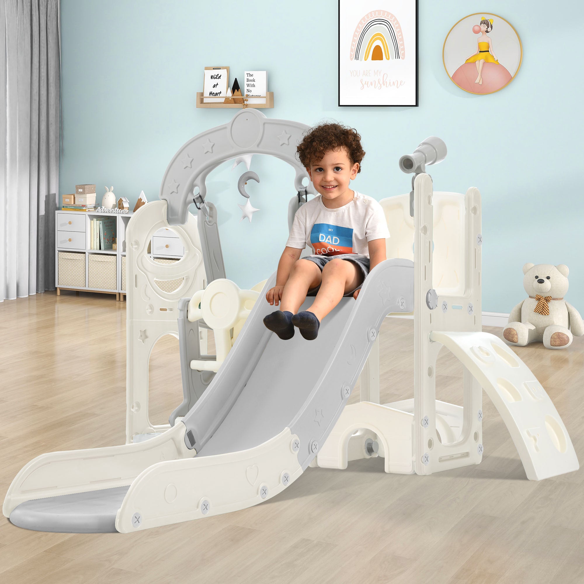 Toddler Slide And Swing Set 5 In 1, Kids Playground Climber Slide Playset With Telescope, Freestanding Combination For Babies Indoor & Outdoor Grey White Hdpe