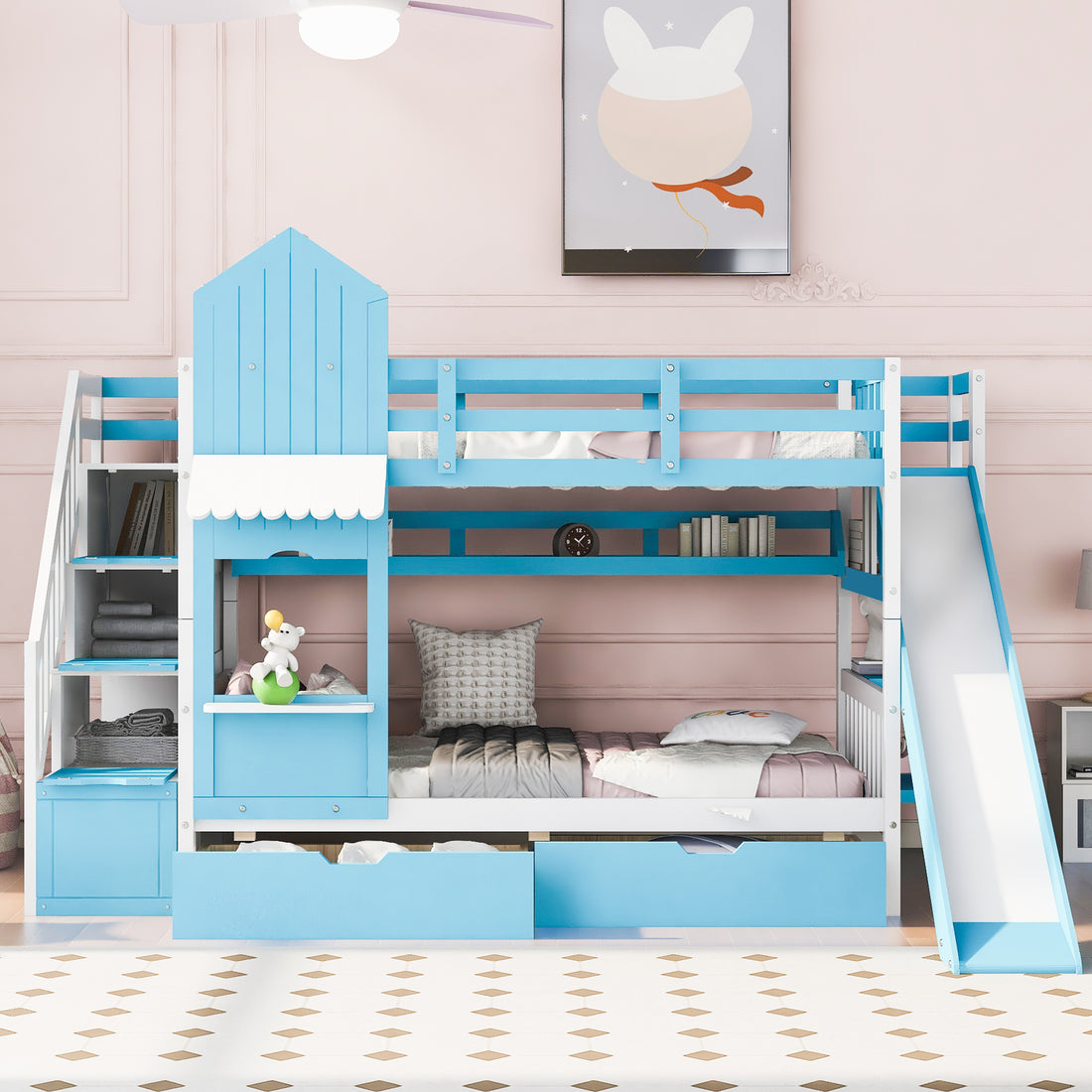 Twin Over Twin Castle Style Bunk Bed With 2 Drawers 3 Shelves And Slide Blue Blue Solid Wood