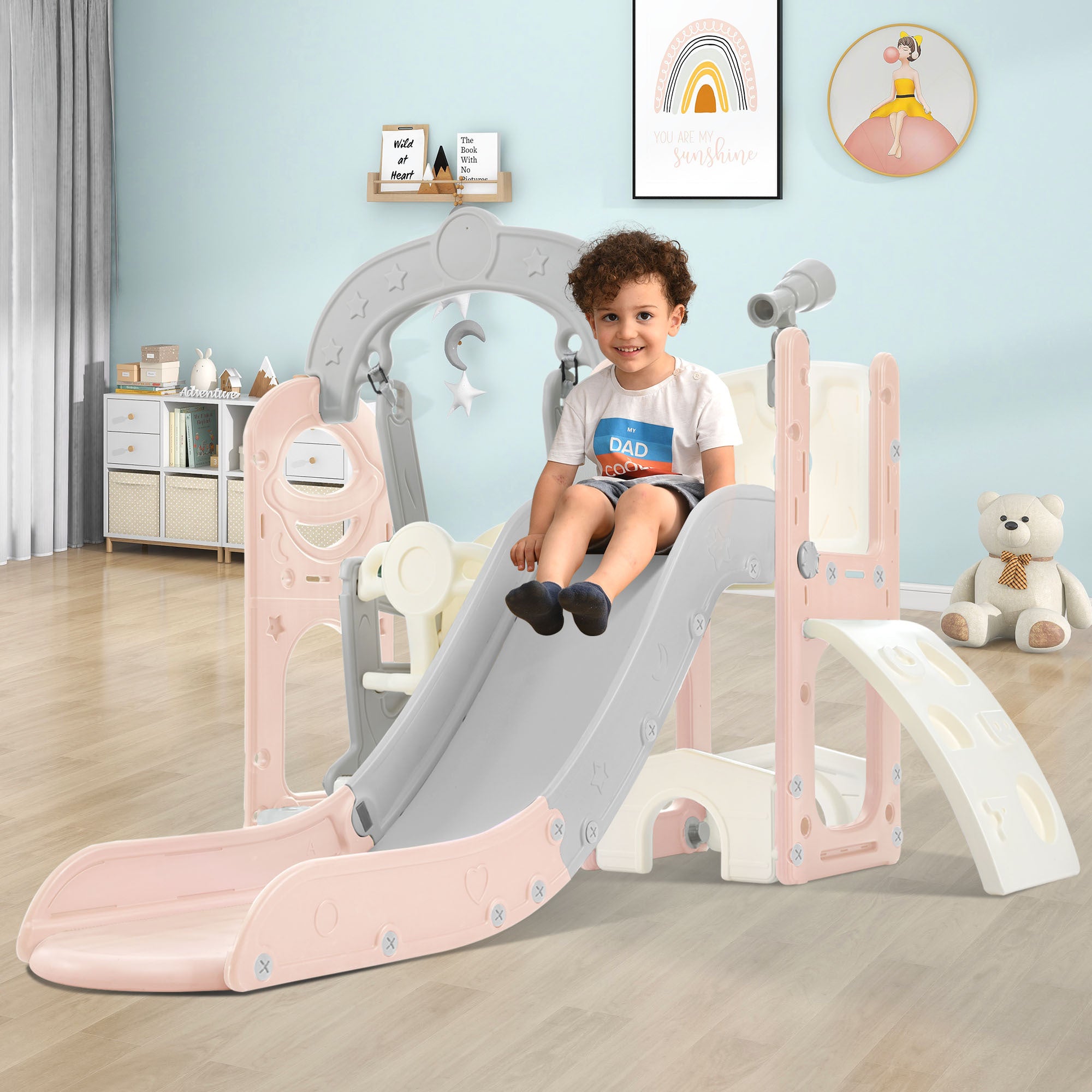 Toddler Slide And Swing Set 5 In 1, Kids Playground Climber Slide Playset With Telescope, Freestanding Combination For Babies Indoor & Outdoor Pink Grey Hdpe