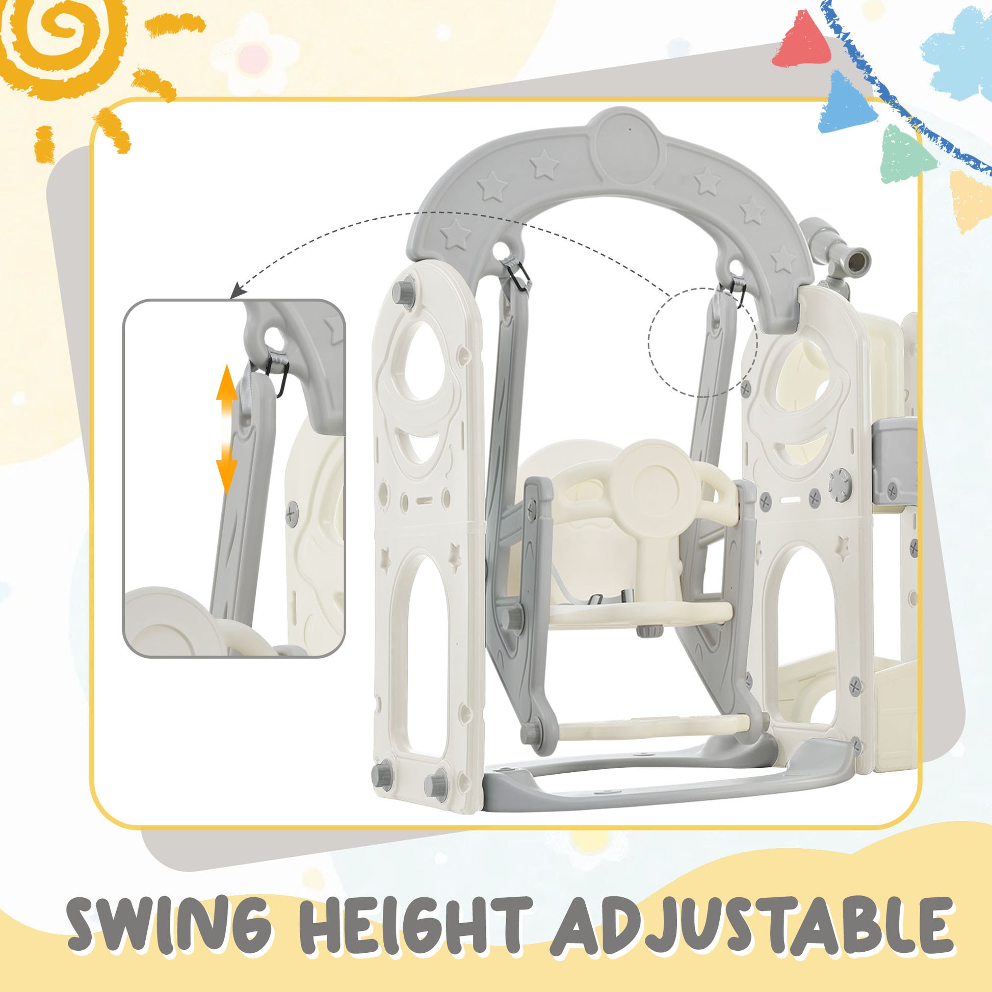 Toddler Slide And Swing Set 5 In 1, Kids Playground Climber Slide Playset With Telescope, Freestanding Combination For Babies Indoor & Outdoor Grey White Hdpe