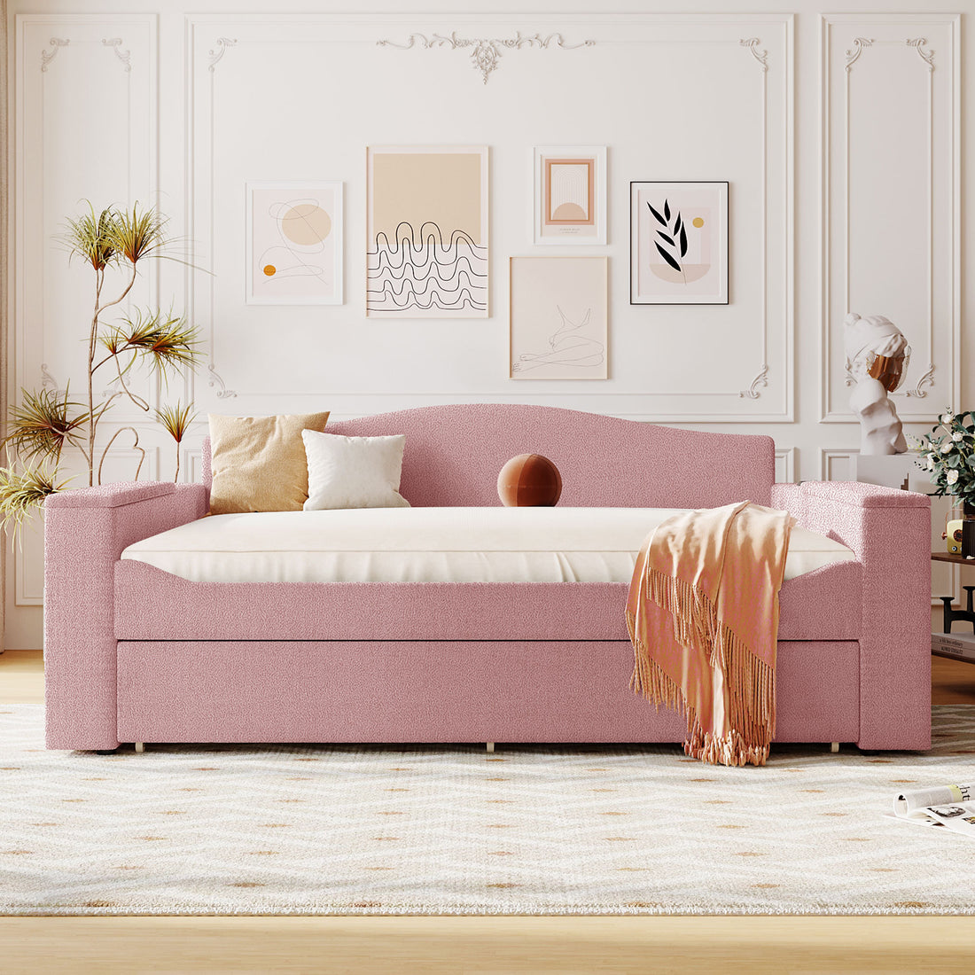 Full Size Upholstered Daybed With Storage Armrests, Trundle And Latest Integrated Bluetooth Audio System, Teddy Fleece, Pink Pink Fleece