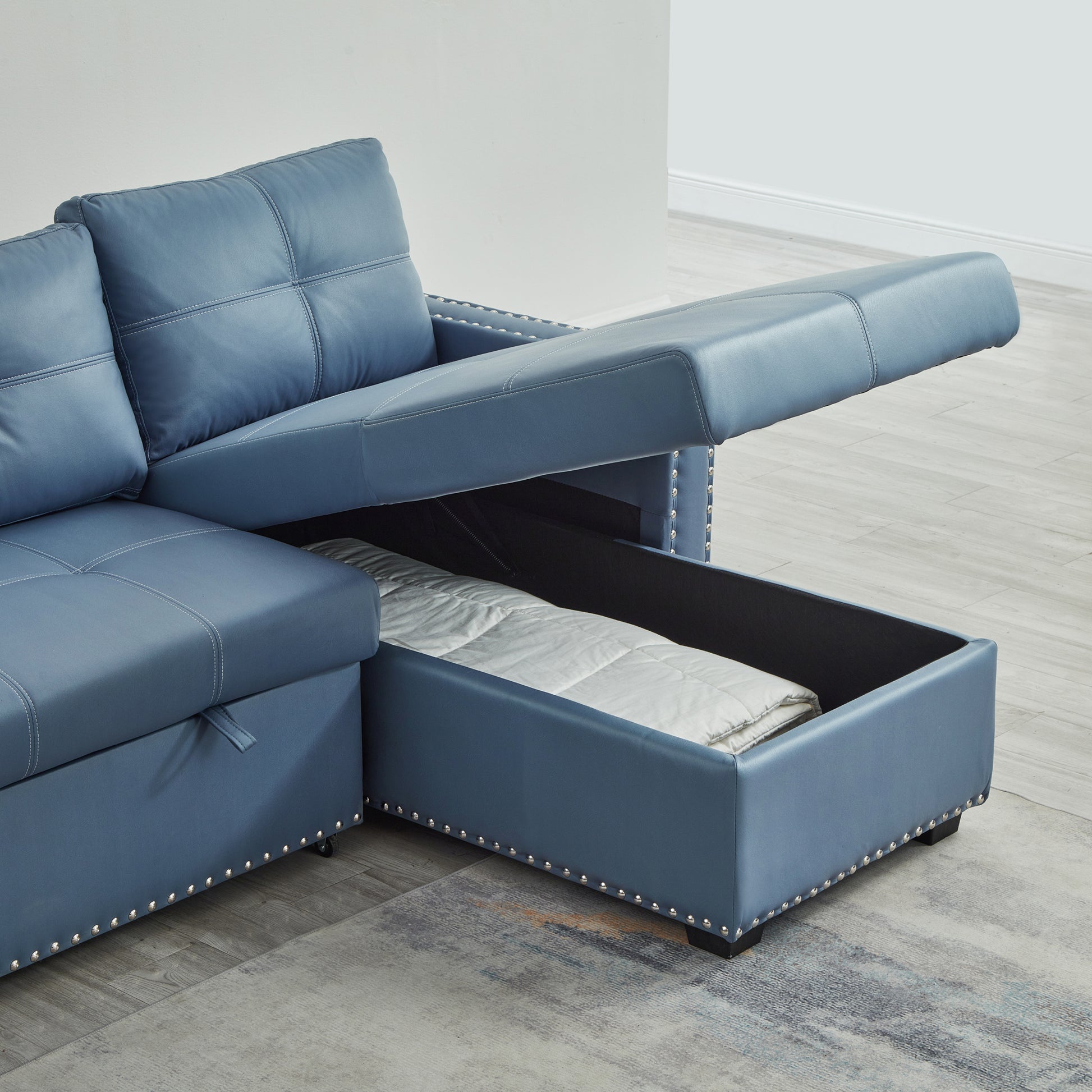 88" Convertible Pull Out Sofa Bed With Storage Chaise Sofa Bed Microfiber Fabric Upholstery Blue Blue Microfiber