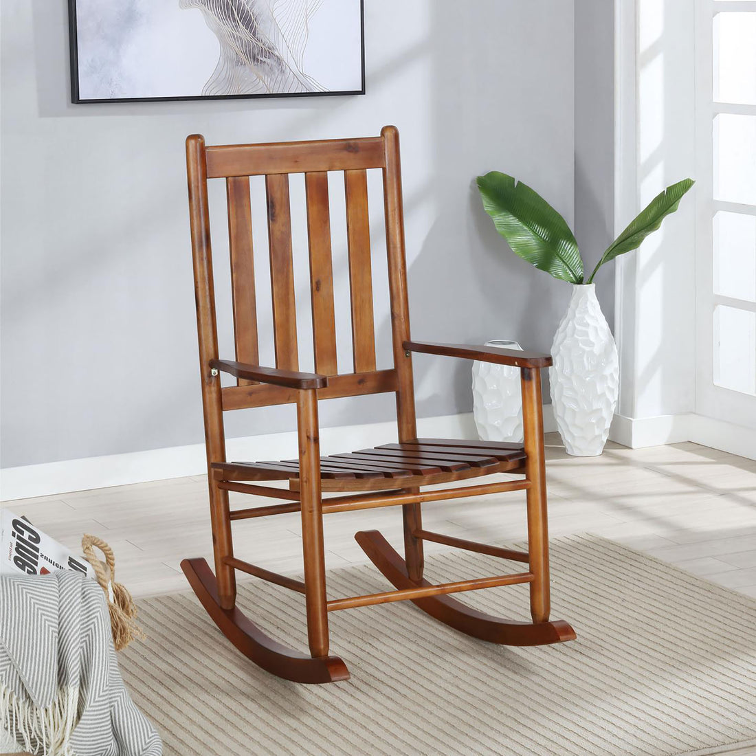 Golden Brown Slat Back Rocking Chair Brown Primary Living Space Farmhouse,Rustic Rocking Chairs Acacia Slat Back Wood