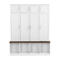 Multi Functional Hall Tree With 4 Hidden Hanging Hooks, Brown Wood Grain Bench With Multiple Storage Space, Entryway Cabinet With Open Compartments For Living Room, Hallway, White White Primary Living Space Particle Board