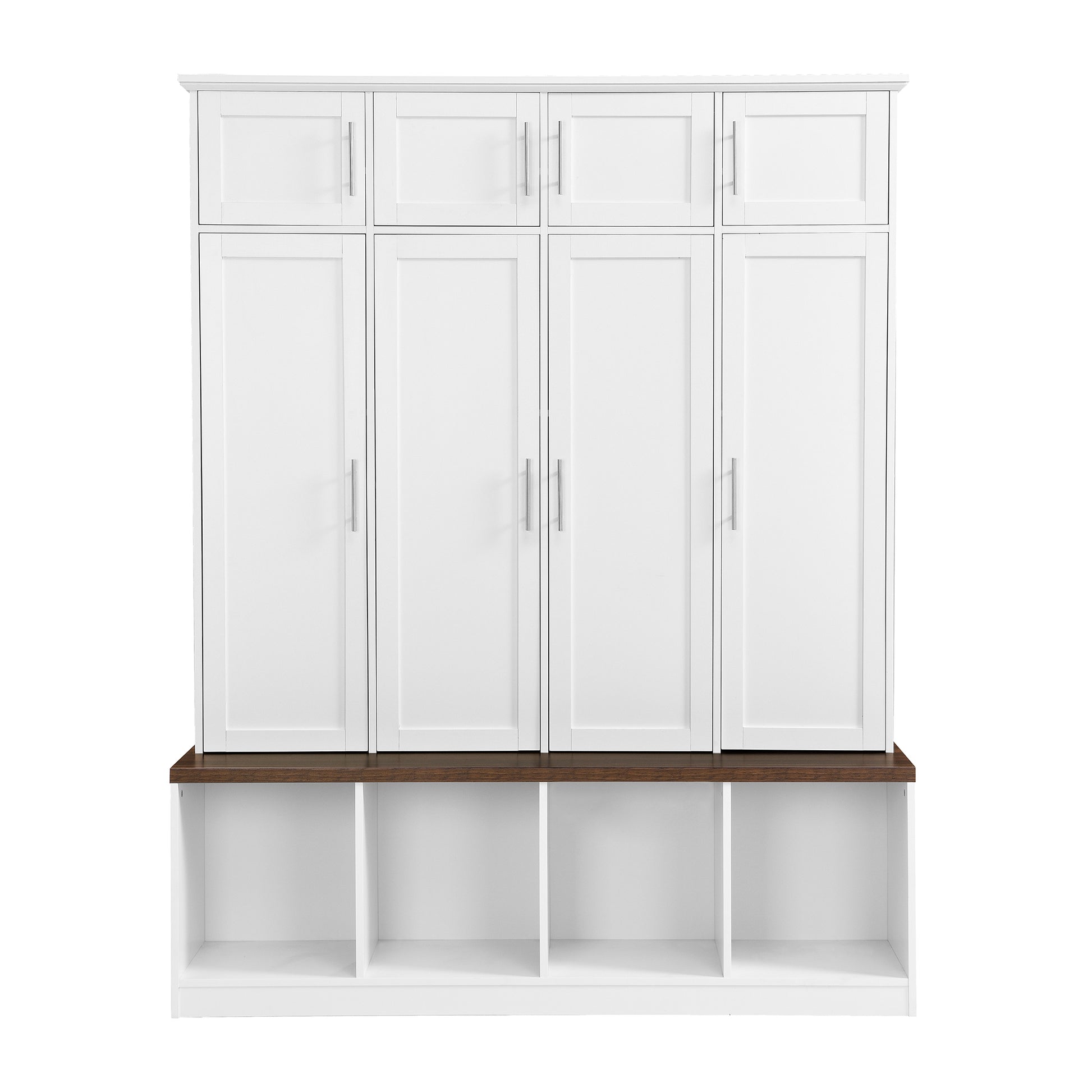 Multi Functional Hall Tree With 4 Hidden Hanging Hooks, Brown Wood Grain Bench With Multiple Storage Space, Entryway Cabinet With Open Compartments For Living Room, Hallway, White White Primary Living Space Particle Board