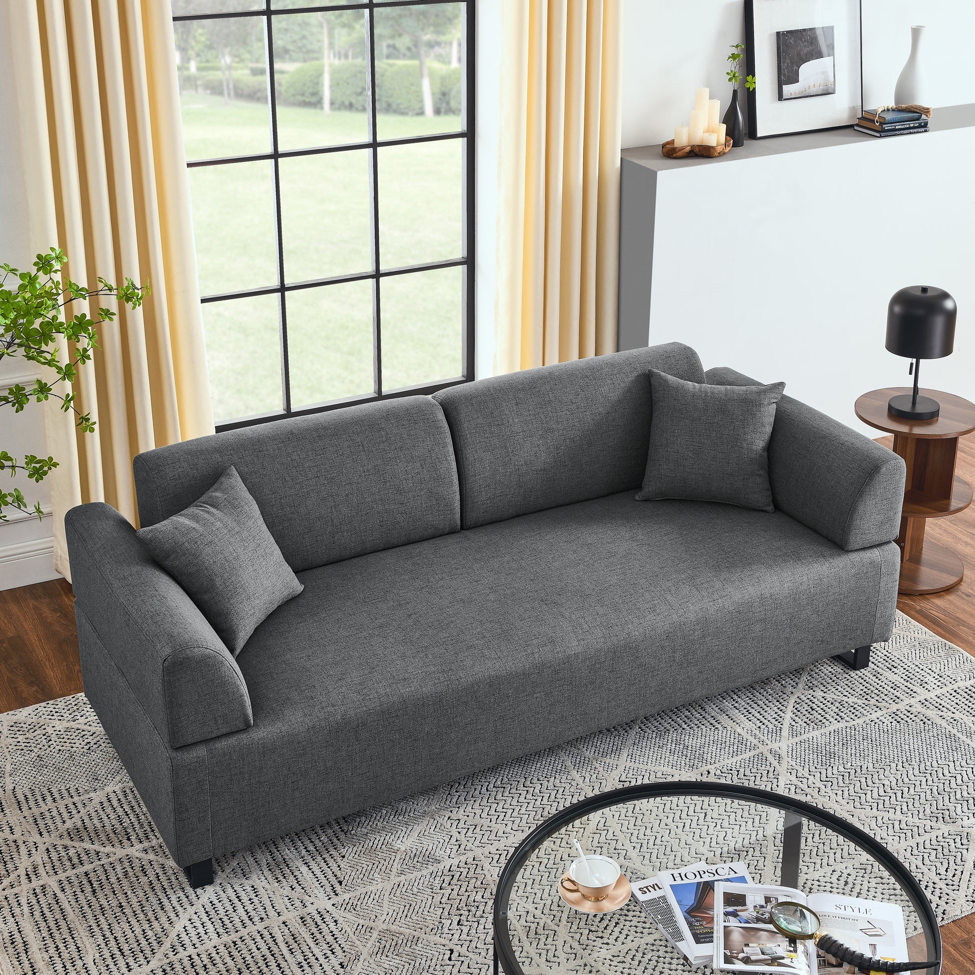 Linen Fabric 3 Seat Sofa With Two End Tables And Two Pillows, Removable Back And Armrest, Morden Style Upholstered 3 Seat Couch For Living Room Grey Linen Wood Medium Soft Loose Back Eucalyptus Square Arms Foam 3 Seat