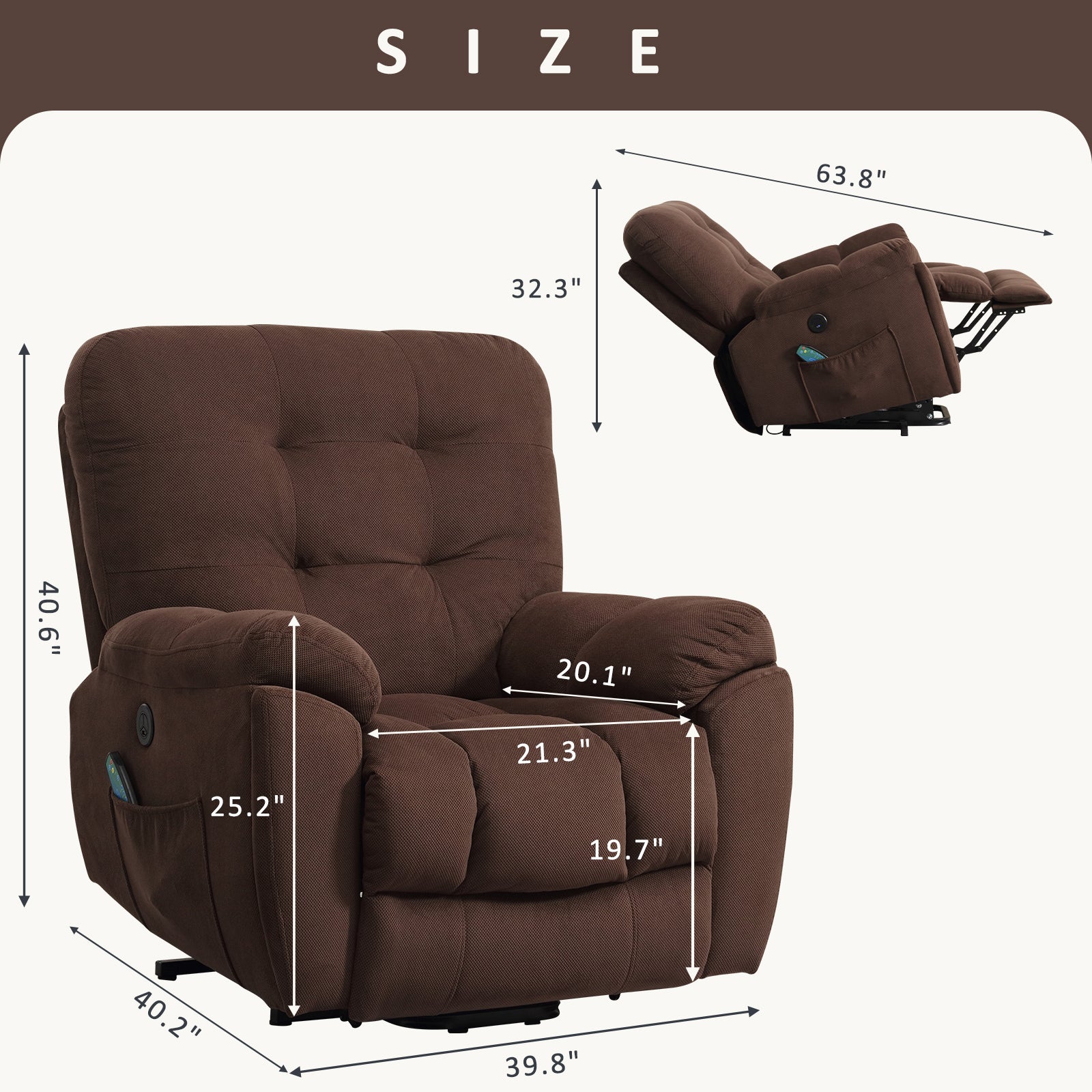 Power Lift Chair With Vibration Massage And Heating Functionrecliner Chair With Usb Charge Port And 2 Hidden Cup Holders Brownness A B C Brown Power Push Button Wood Soft Heavy Duty Cotton Wood