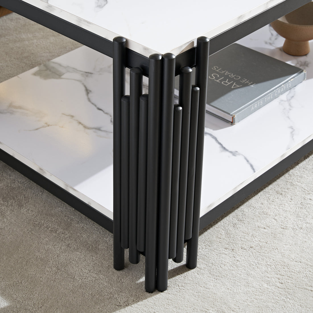 2 Tier Faux Marbling Coffee Table With Storage Shelf For Small Apartment Living Room, Modern Rectangle Wood And Stable Metal Tv Stand Side End Table, Black Black Primary Living Space Rectangular Open Storage Coffee & End Tables Mdf Metal