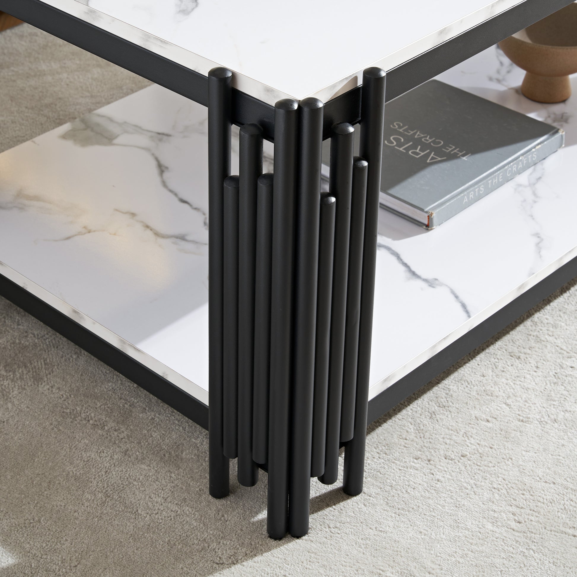 2 Tier Faux Marbling Coffee Table With Storage Shelf For Small Apartment Living Room, Modern Rectangle Wood And Stable Metal Tv Stand Side End Table, Black Black Primary Living Space Rectangular Open Storage Coffee & End Tables Mdf Metal