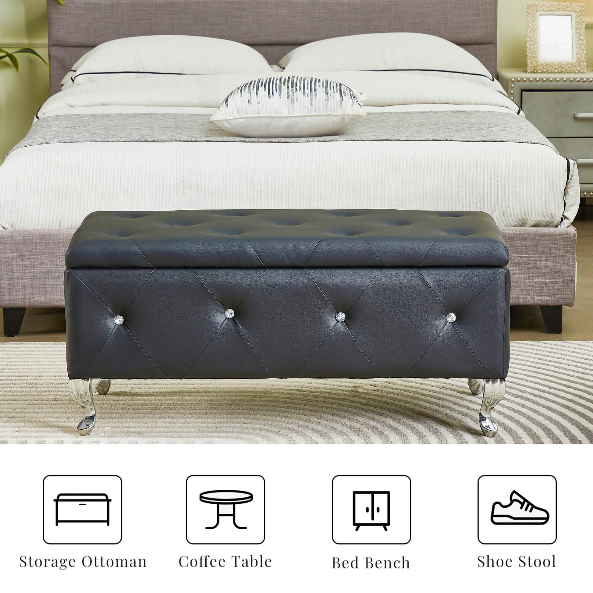 Upholstered Storage Ottoman Bench For Bedroom End Of Bed Faux Leather Rectangular Storage Benches Footrest With Crystal Buttons For Living Room Entryway Black Cushioned White Bedroom Black Pine Wood Black Vanity Stools Faux Leather Solid American