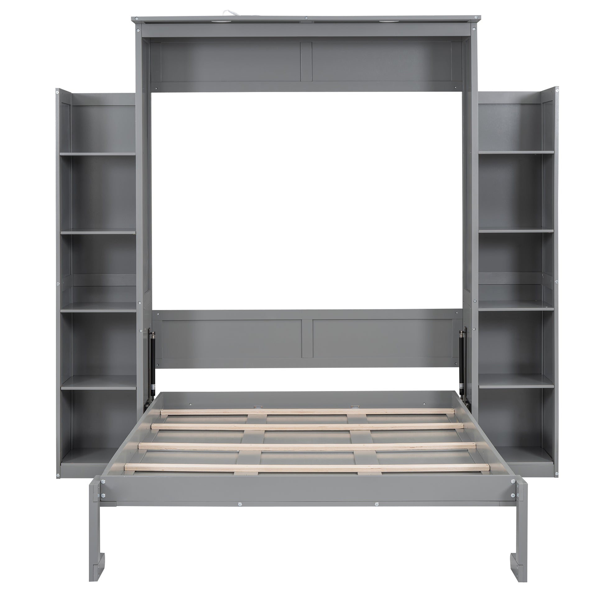 Full Size Murphy Bed Wall Bed With Shelves And Led Lights,Gray Gray Solid Wood Mdf