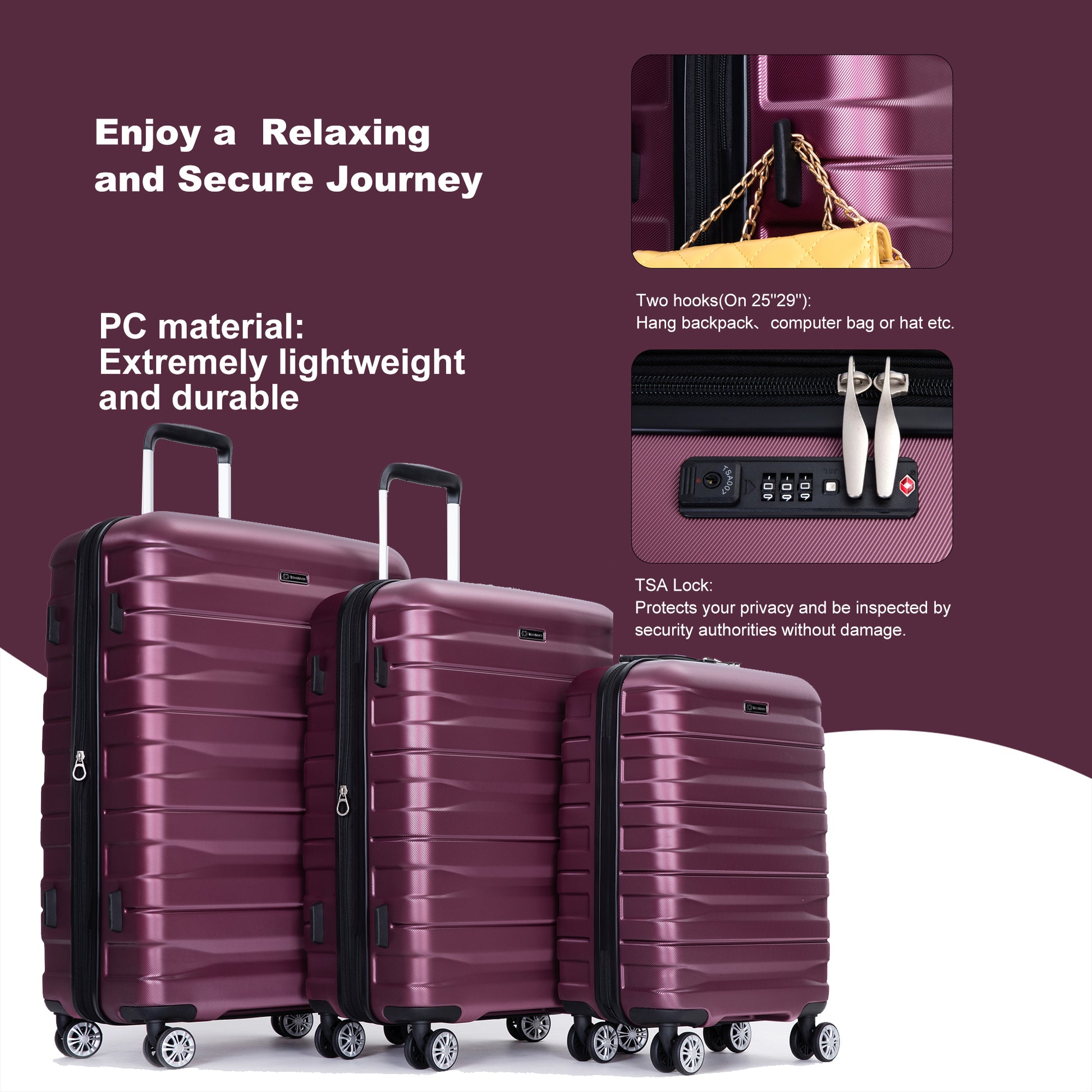 3 Piece Luggage Sets Pc Lightweight & Durable Expandable Suitcase With Two Hooks, Double Spinner Wheels, Tsa Lock, 21 25 29 Wine Red Wine Red Pc