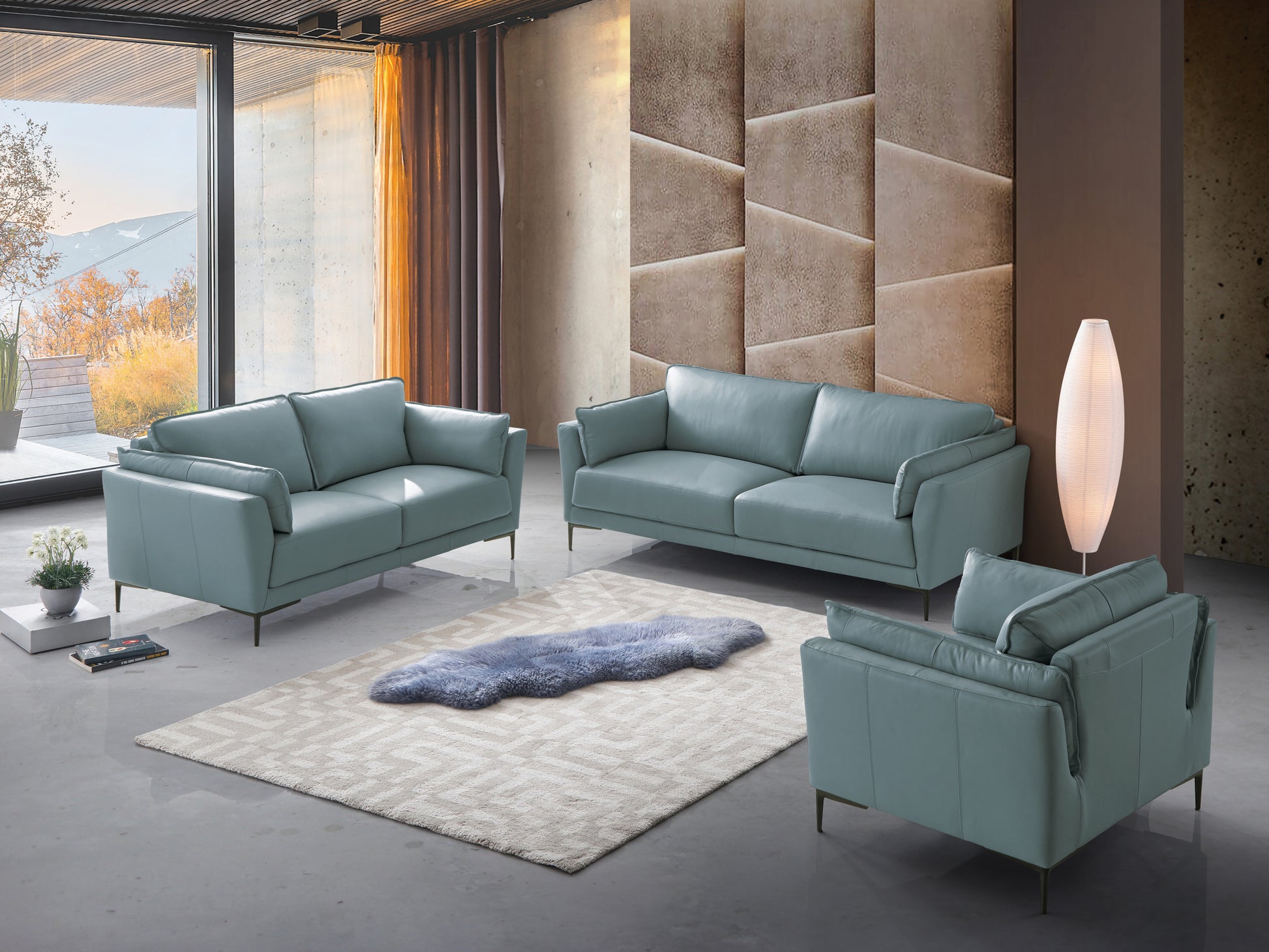 Mesut Sofa, Light Blue Top Grain Leather & Black Finish Lv02387 Light Blue Leather
