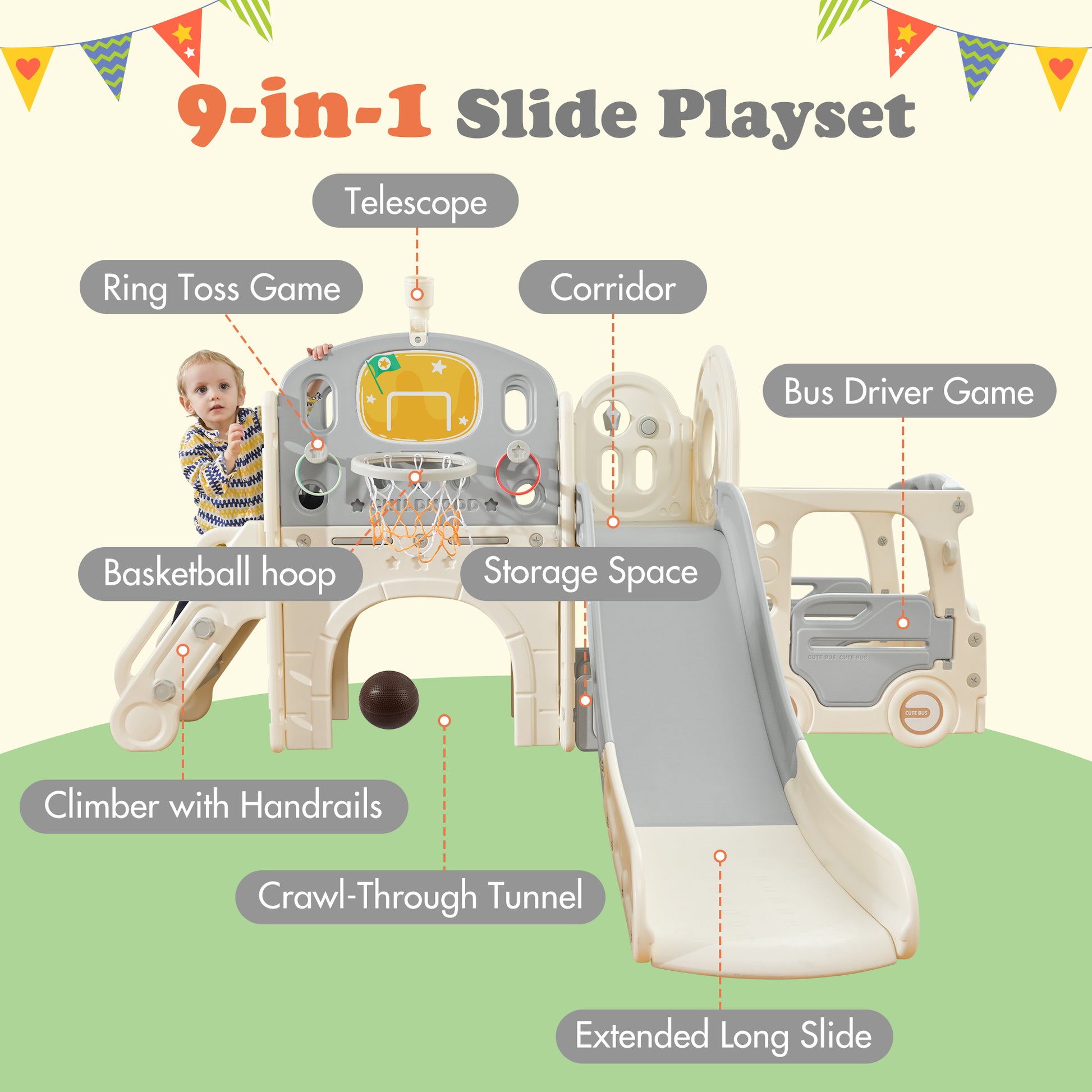 Kids Slide Playset Structure 9 In 1, Freestanding Castle Climbing Crawling Playhouse With Slide, Arch Tunnel, Ring Toss, Realistic Bus Model And Basketball Hoop, Toy Storage Organizer For Toddlers Grey White Hdpe