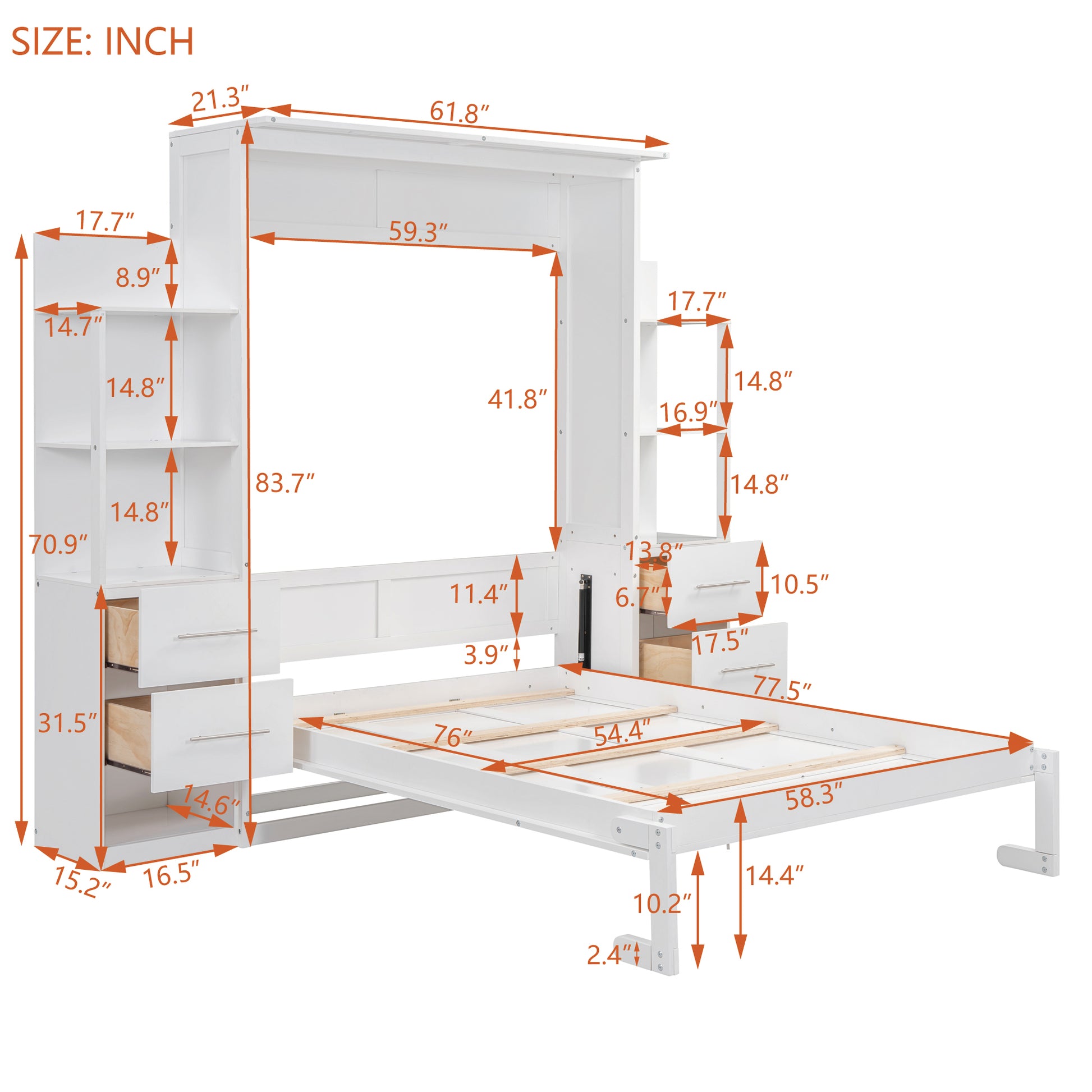 Full Size Murphy Bed Wall Bed With Shelves, Drawers And Led Lights,White White Mdf Lvl