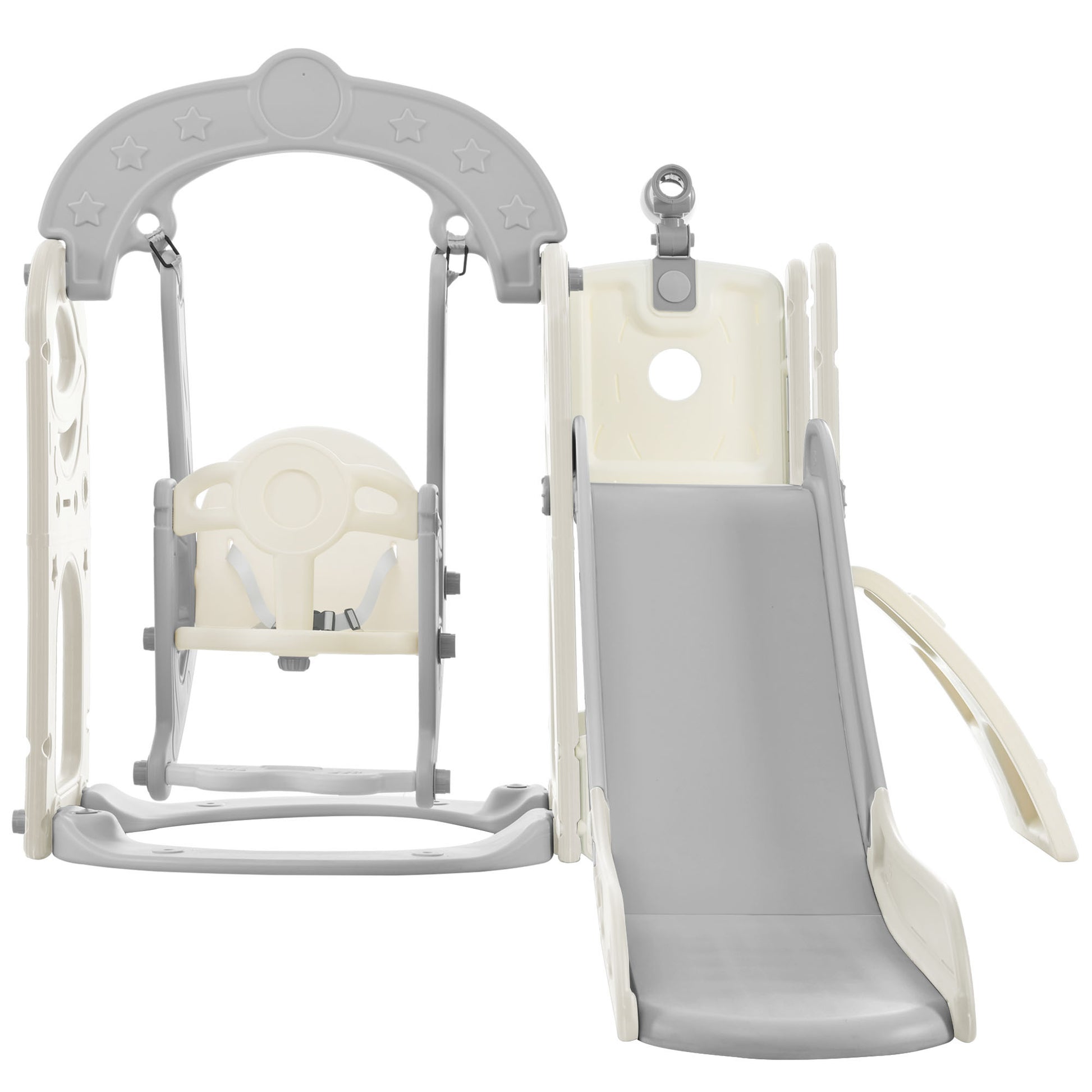 Toddler Slide And Swing Set 5 In 1, Kids Playground Climber Slide Playset With Telescope, Freestanding Combination For Babies Indoor & Outdoor Grey White Hdpe