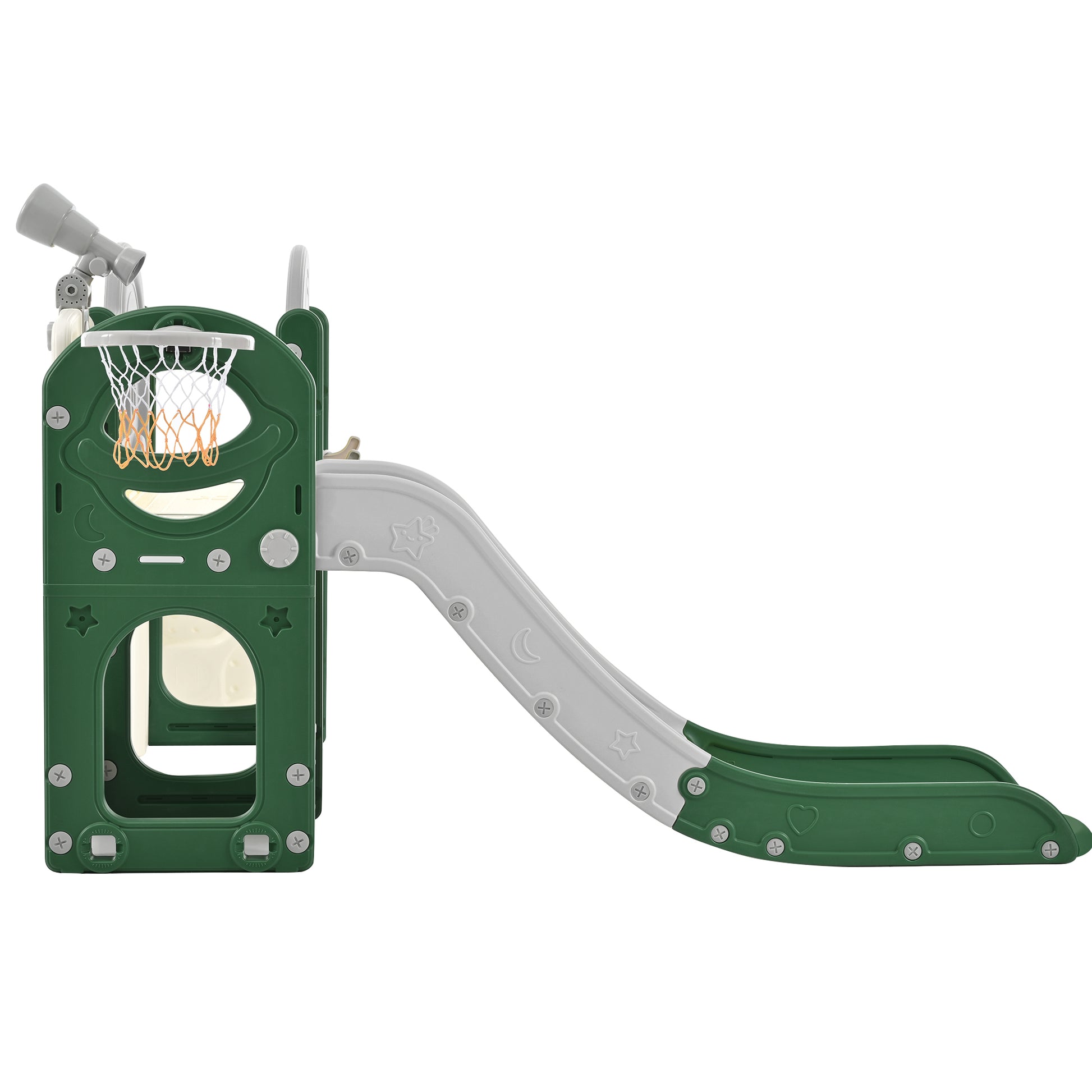 Kids Slide Playset Structure 7 In 1, Freestanding Space Set With Slide, Arch Tunnel, Ring Toss And Basketball Hoop, Toy Storage Organizer For Toddlers, Kids Climbers Playground Green Hdpe