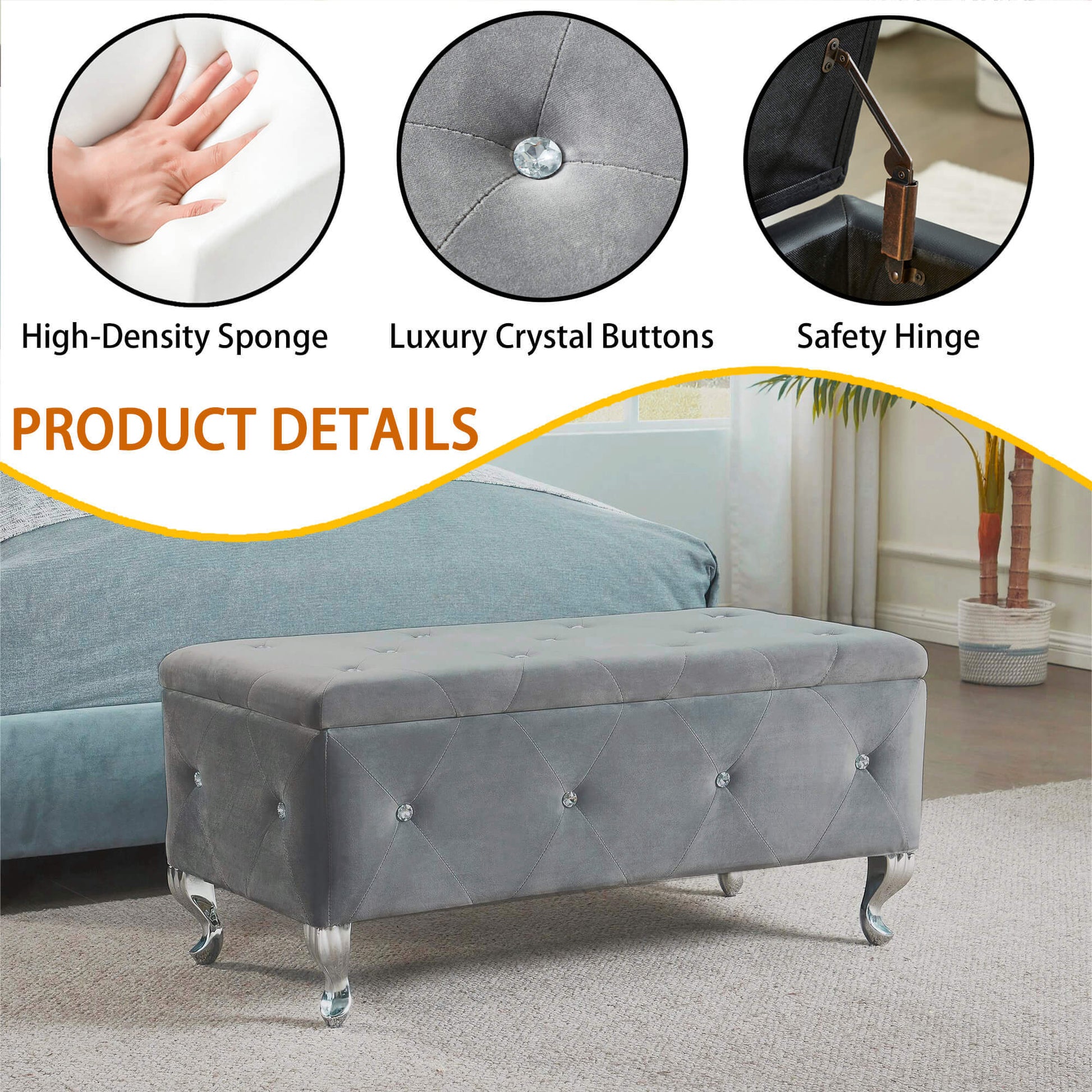 Tufted Storage Ottoman Bench For Bedroom End Of Bed Large Upholstered Storage Benches Footrest With Crystal Buttons For Living Room Entryway Grey Tufted White Bedroom Grey Pine Wood Gray Vanity Stools Velvet Solid American