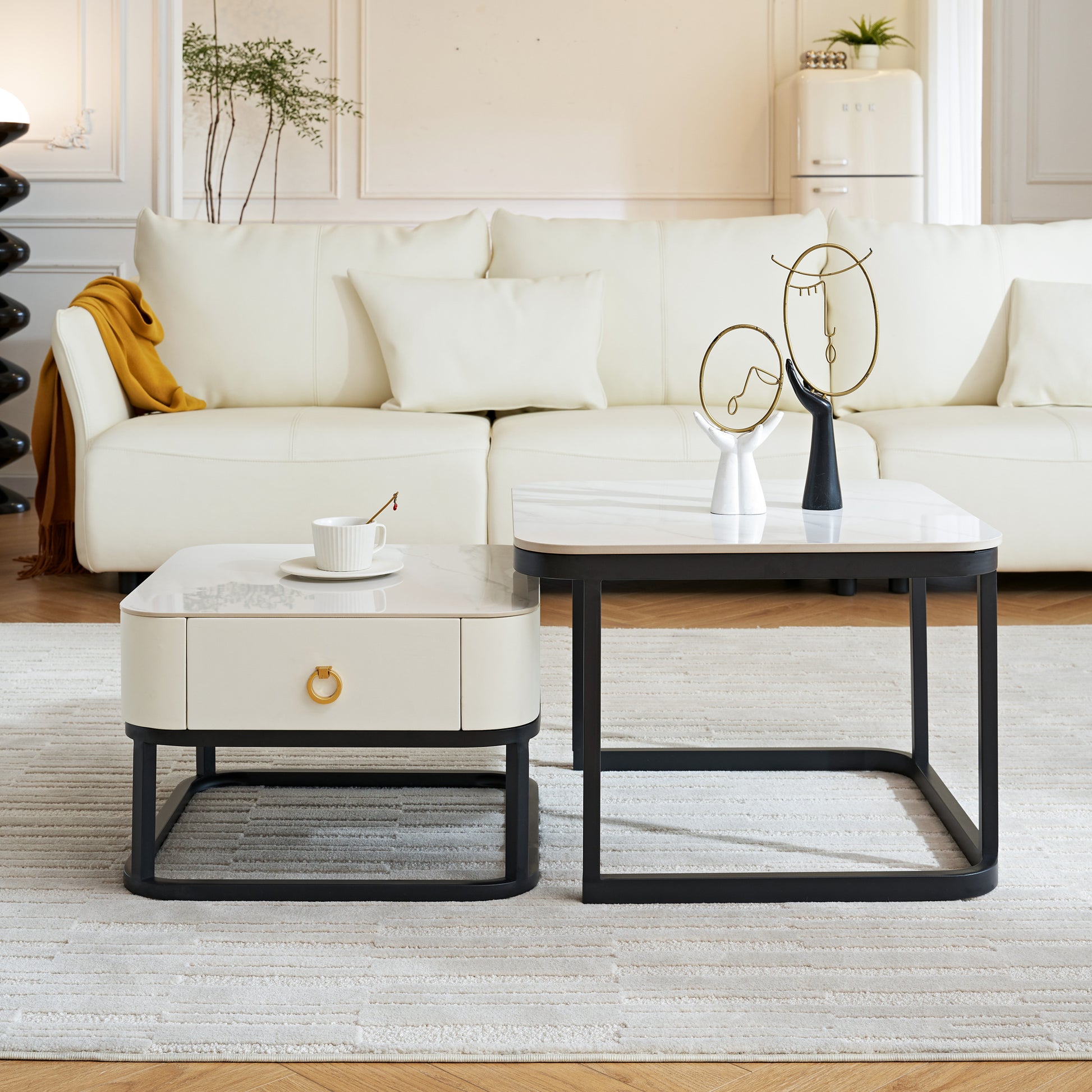 Modern Marble Nesting Table, Coffee Table Set Of 2 End Table For Living Room,Stacking Side Tables, For Living Room Bedroom, Accent Tea Table With Metal Frame, Sturdy And Easy Assembly, Black Black Sintered Stone